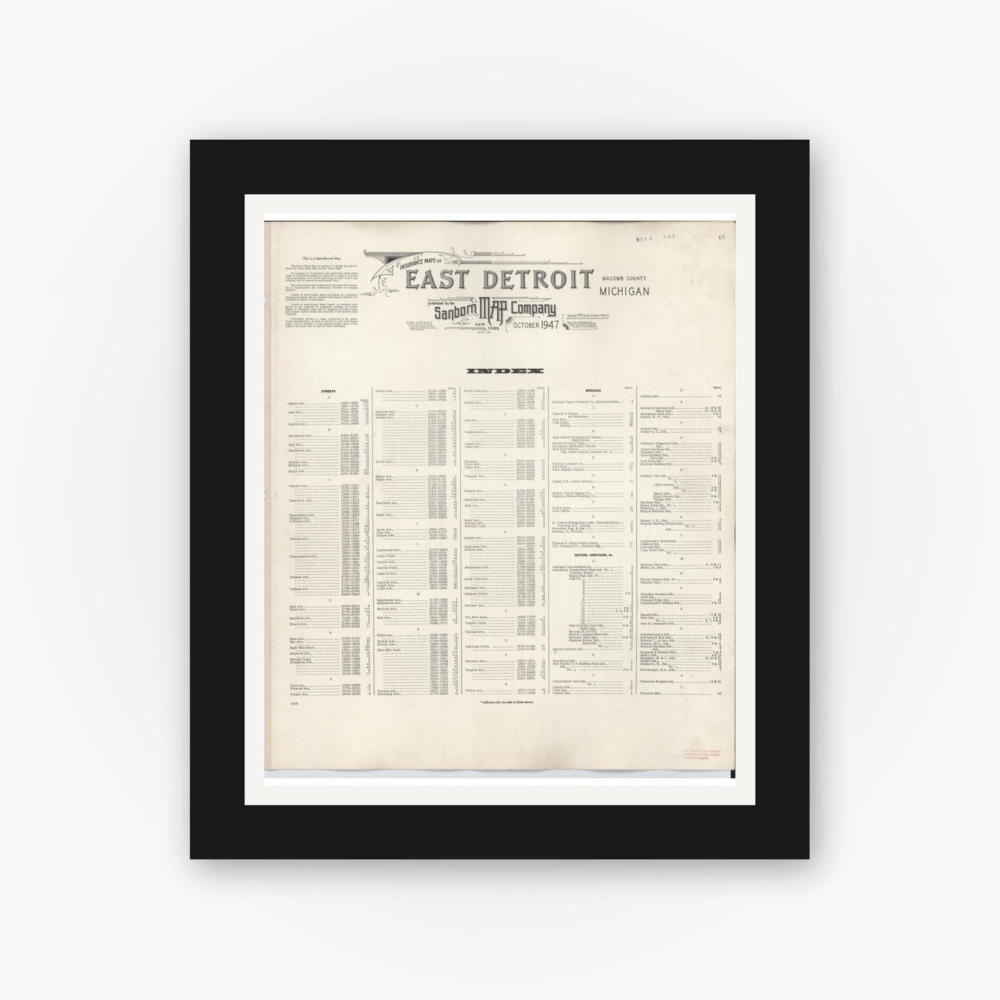 Old map wall art mockup — black gallery frame with white mat — Sanborn Fire Insurance Map from East Detroit, Macomb County, Michigan (1950), Sheet #0001