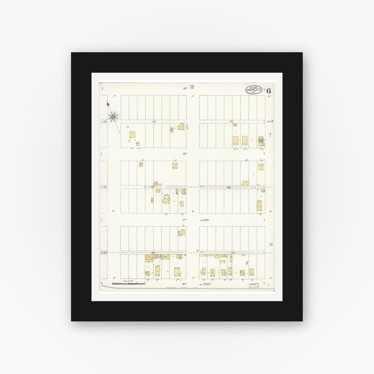 Old map wall art mockup — black gallery frame with white mat — Sanborn Fire Insurance Map from Merced, Merced County, California (1907), Sheet #0006