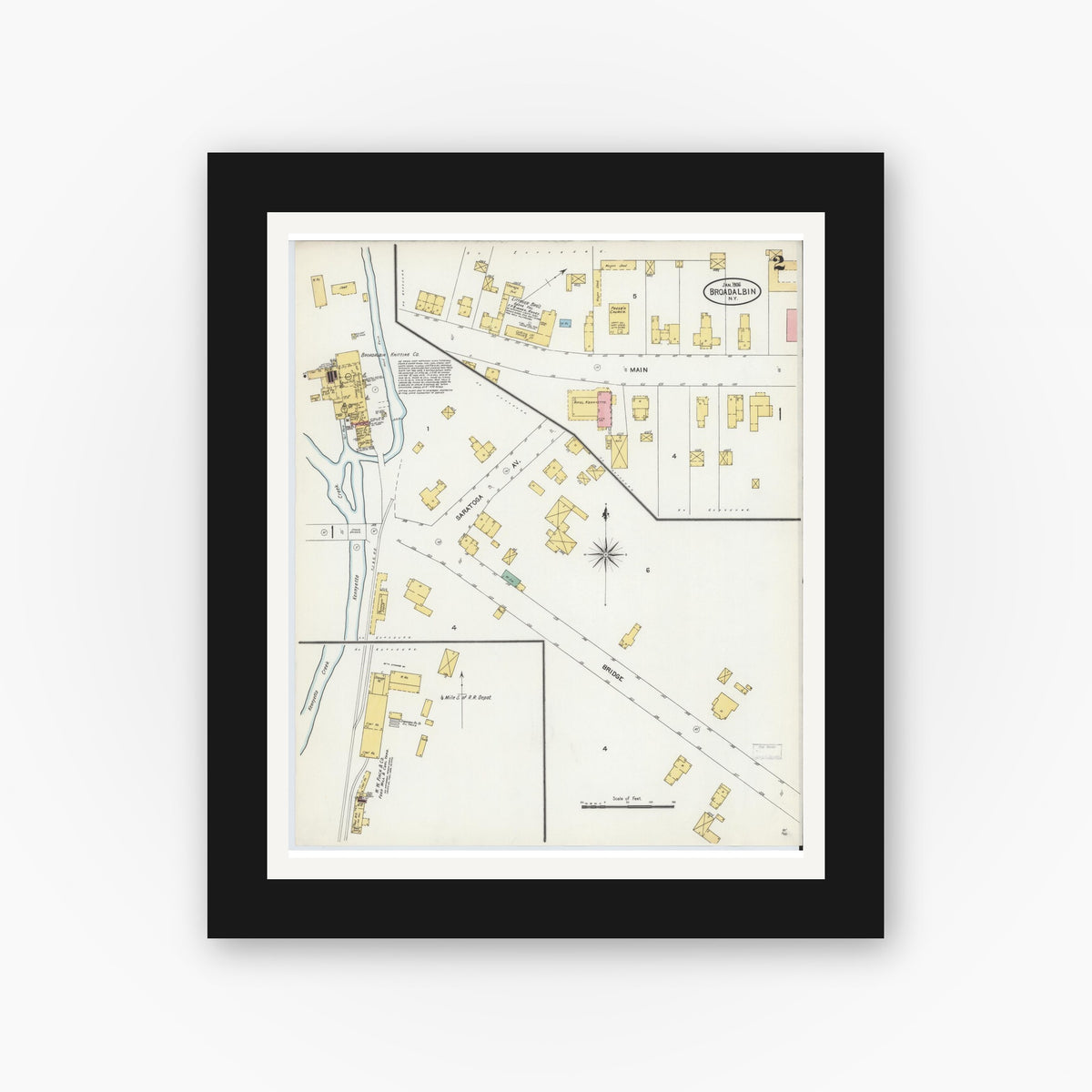 Old map wall art mockup — black gallery frame with white mat — Sanborn Fire Insurance Map from Broadalbin, Fulton County, New York (1906), Sheet #0002