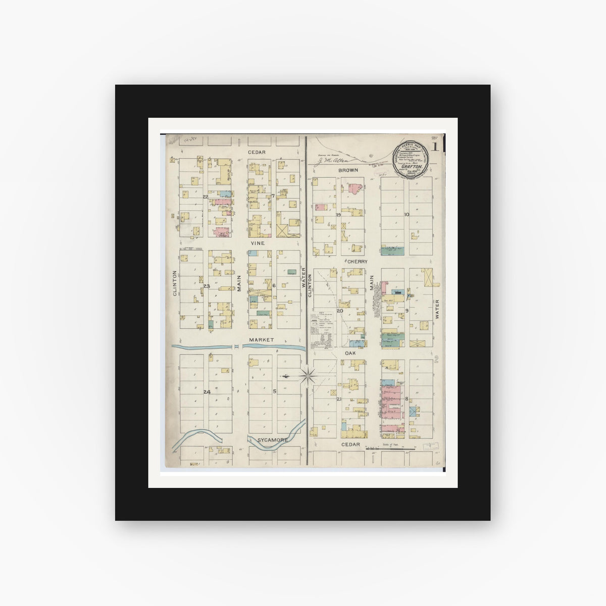 Old map wall art mockup — black gallery frame with white mat — Sanborn Fire Insurance Map from Grafton, Jersey County, Illinois (1894), Sheet #0001