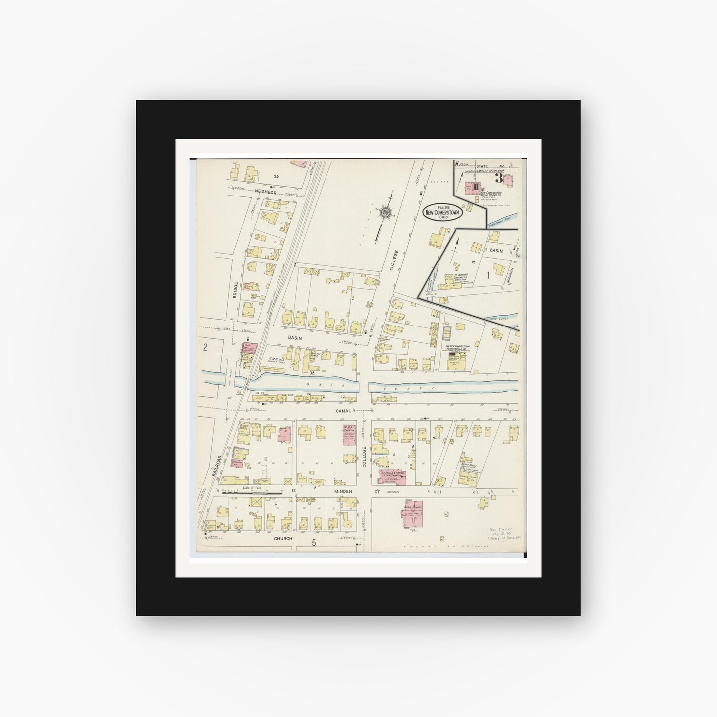 Old map wall art mockup — black gallery frame with white mat — Sanborn Fire Insurance Map from Newcomerstown, Tuscarawas County, Ohio (1915), Sheet #0003