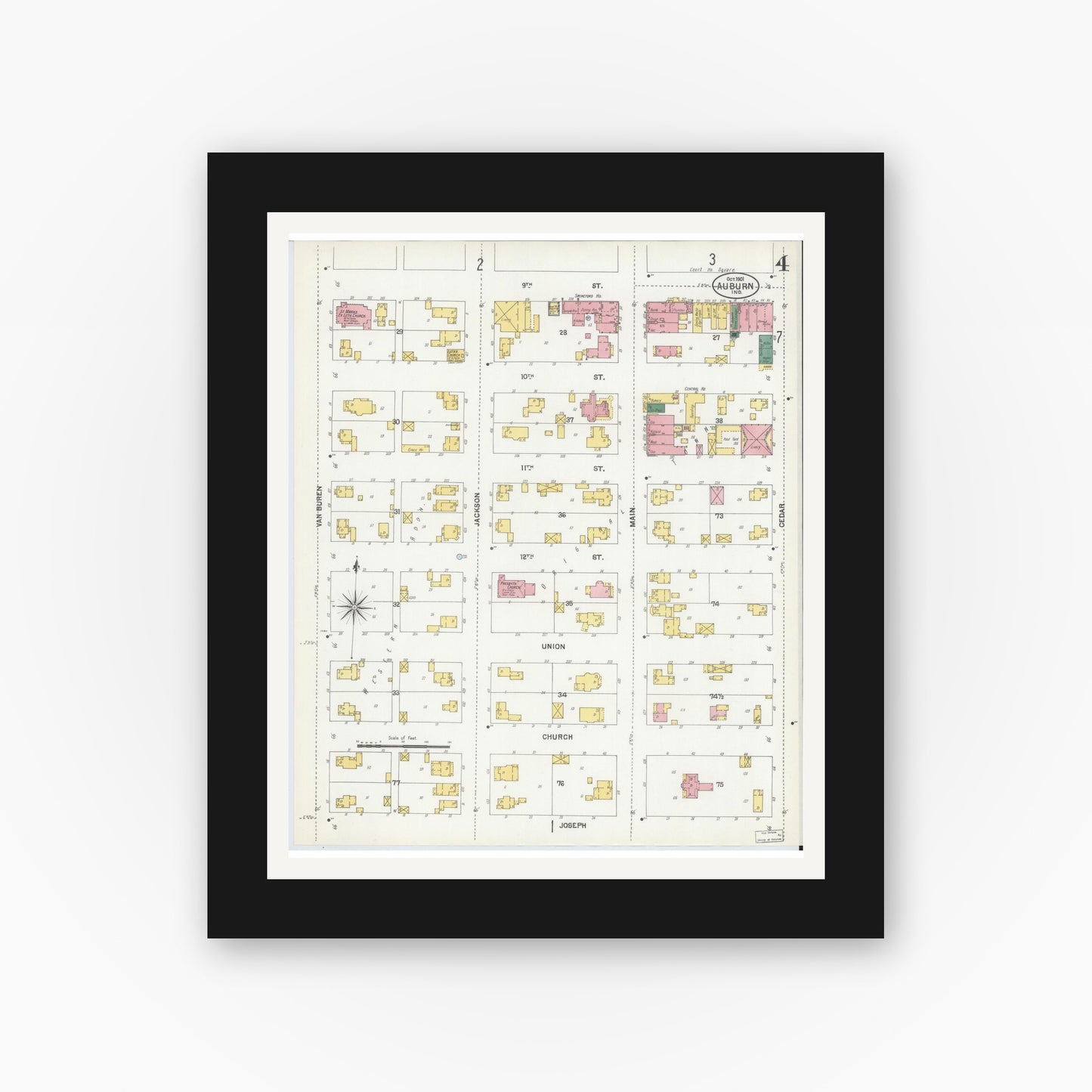 Old map wall art mockup — black gallery frame with white mat — Sanborn Fire Insurance Map from Auburn, De Kalb County, Indiana (1901), Sheet #0004