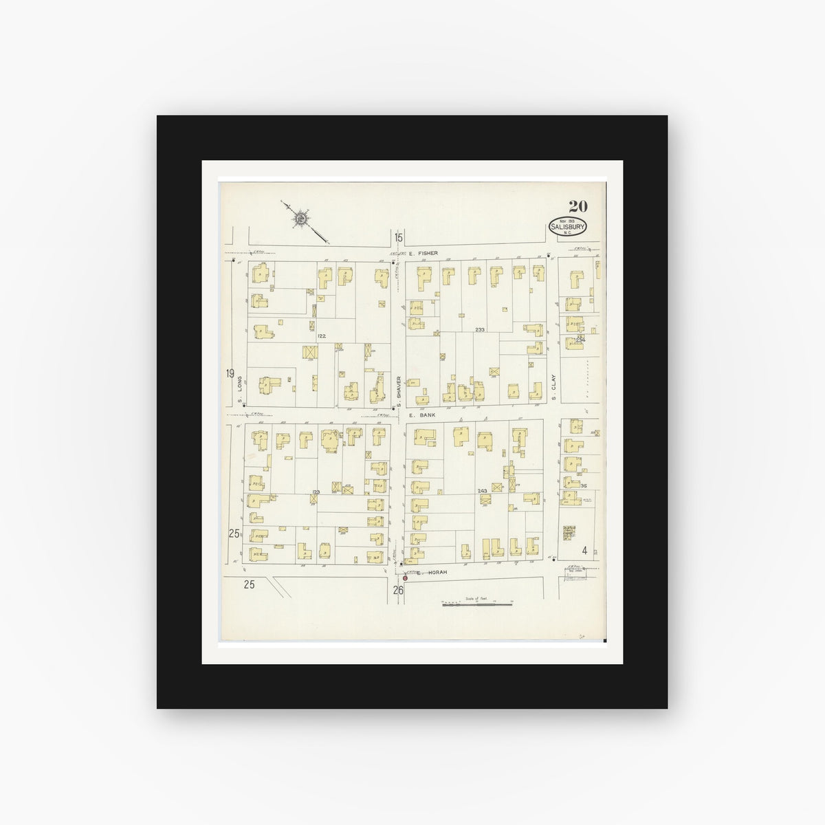 Old map wall art mockup — black gallery frame with white mat — Sanborn Fire Insurance Map from Salisbury, Rowan County, North Carolina (1913), Sheet #0020