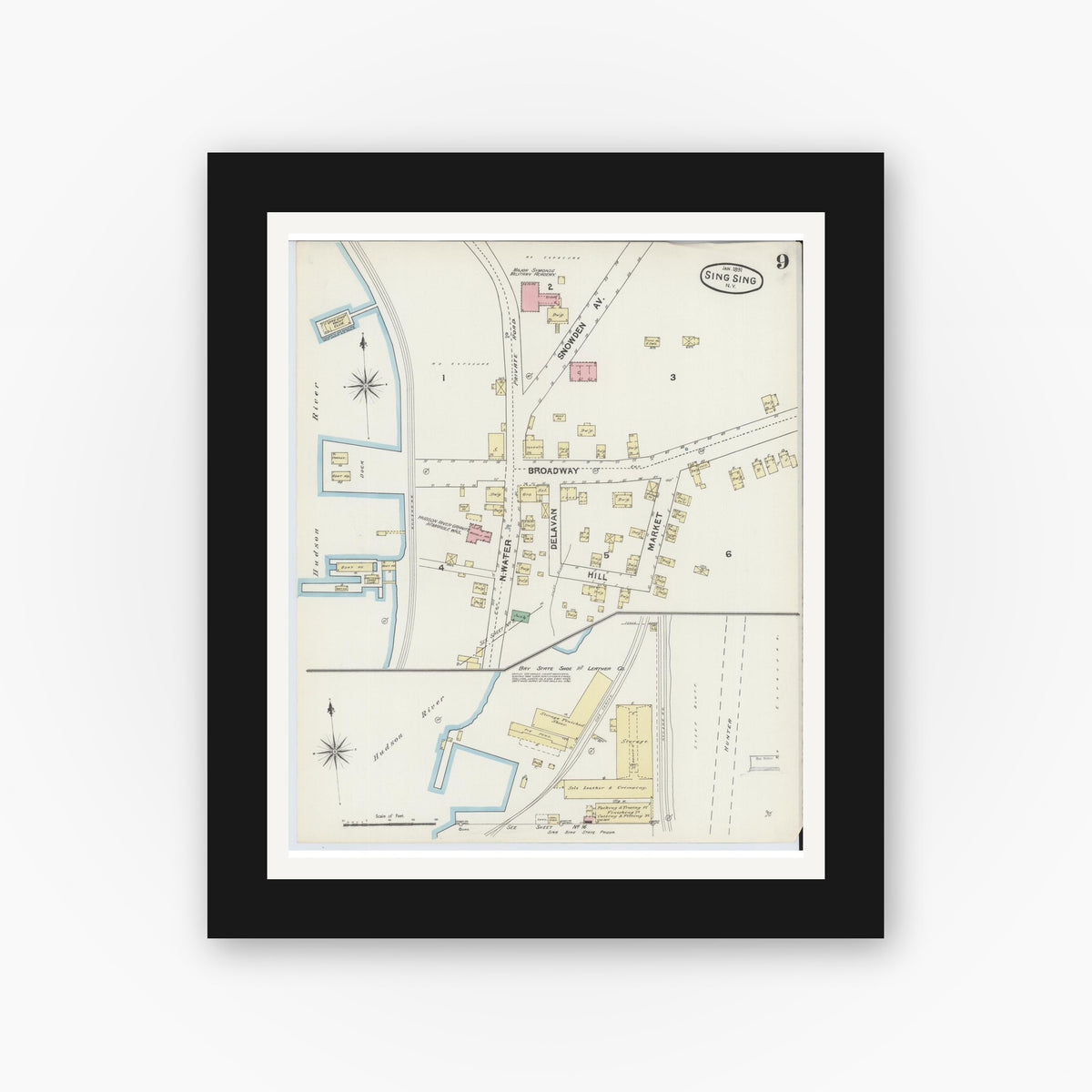 Old map wall art mockup — black gallery frame with white mat — Sanborn Fire Insurance Map from Sing Sing, Westchester County, New York (1891), Sheet #0009