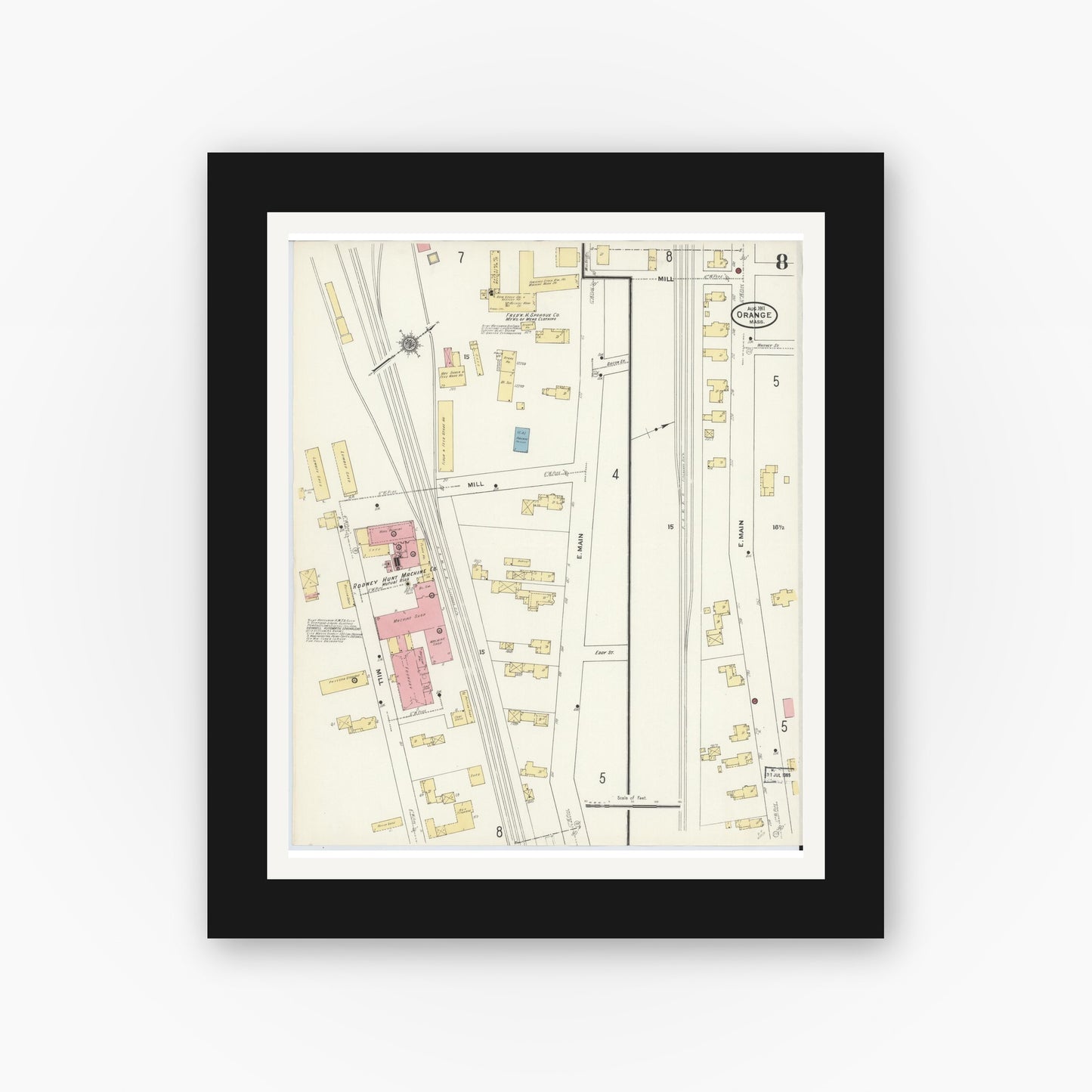 Old map wall art mockup — black gallery frame with white mat — Sanborn Fire Insurance Map from Orange, Franklin County, Massachusetts (1911), Sheet #0008