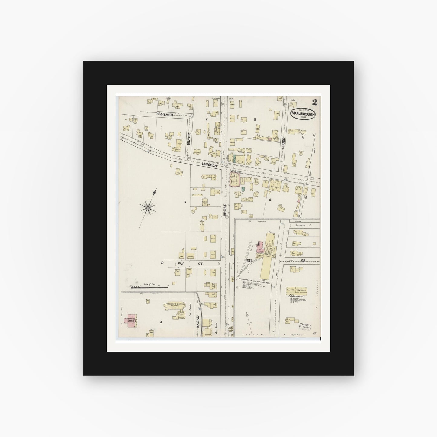 Old map wall art mockup — black gallery frame with white mat — Sanborn Fire Insurance Map from Marlborough, Middlesex County, Massachusetts (1890), Sheet #0002