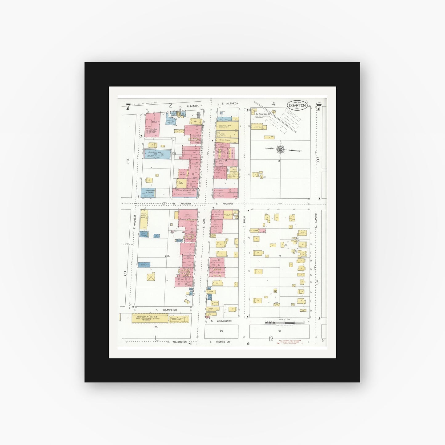 Old map wall art mockup — black gallery frame with white mat — Sanborn Fire Insurance Map from Compton, Los Angeles County, California (1925), Sheet #0007