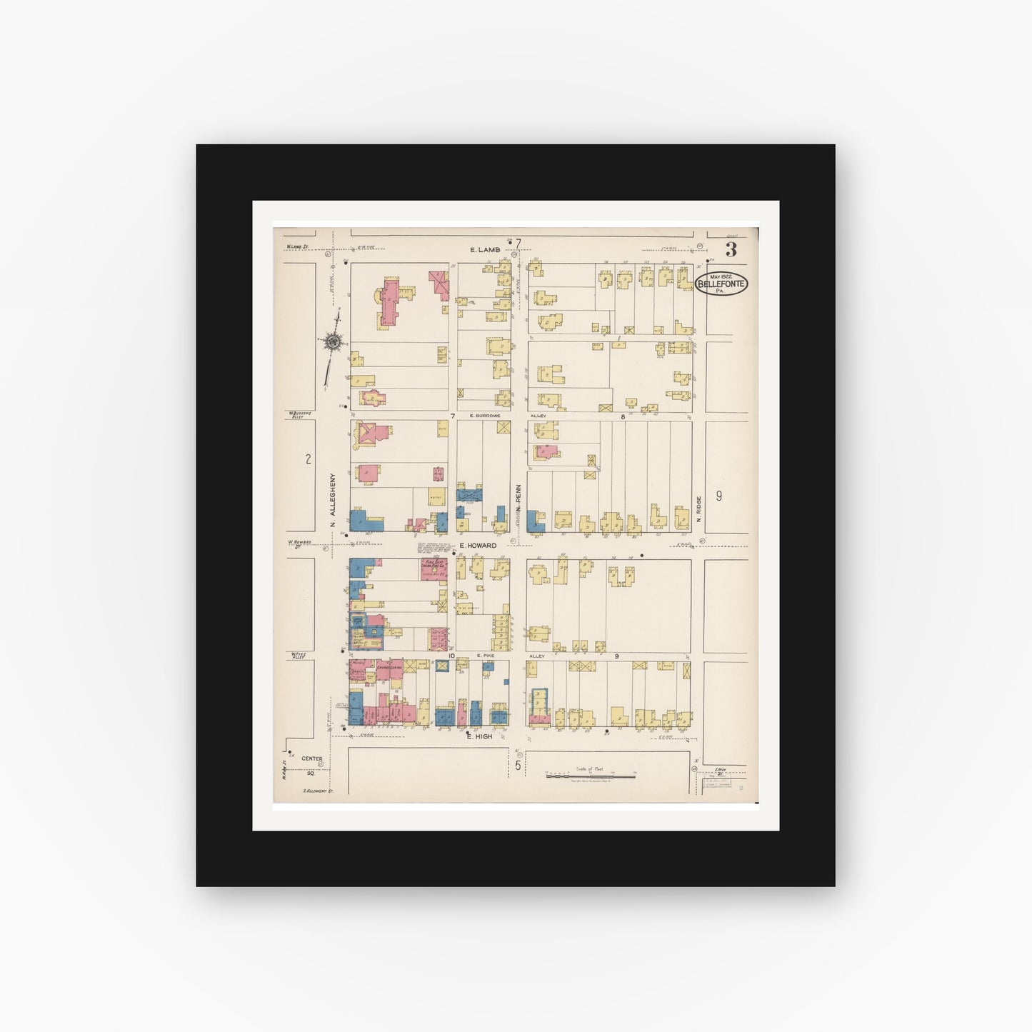 Old map wall art mockup — black gallery frame with white mat — Sanborn Fire Insurance Map from Bellefonte, Centre County, Pennsylvania (1922), Sheet #0003
