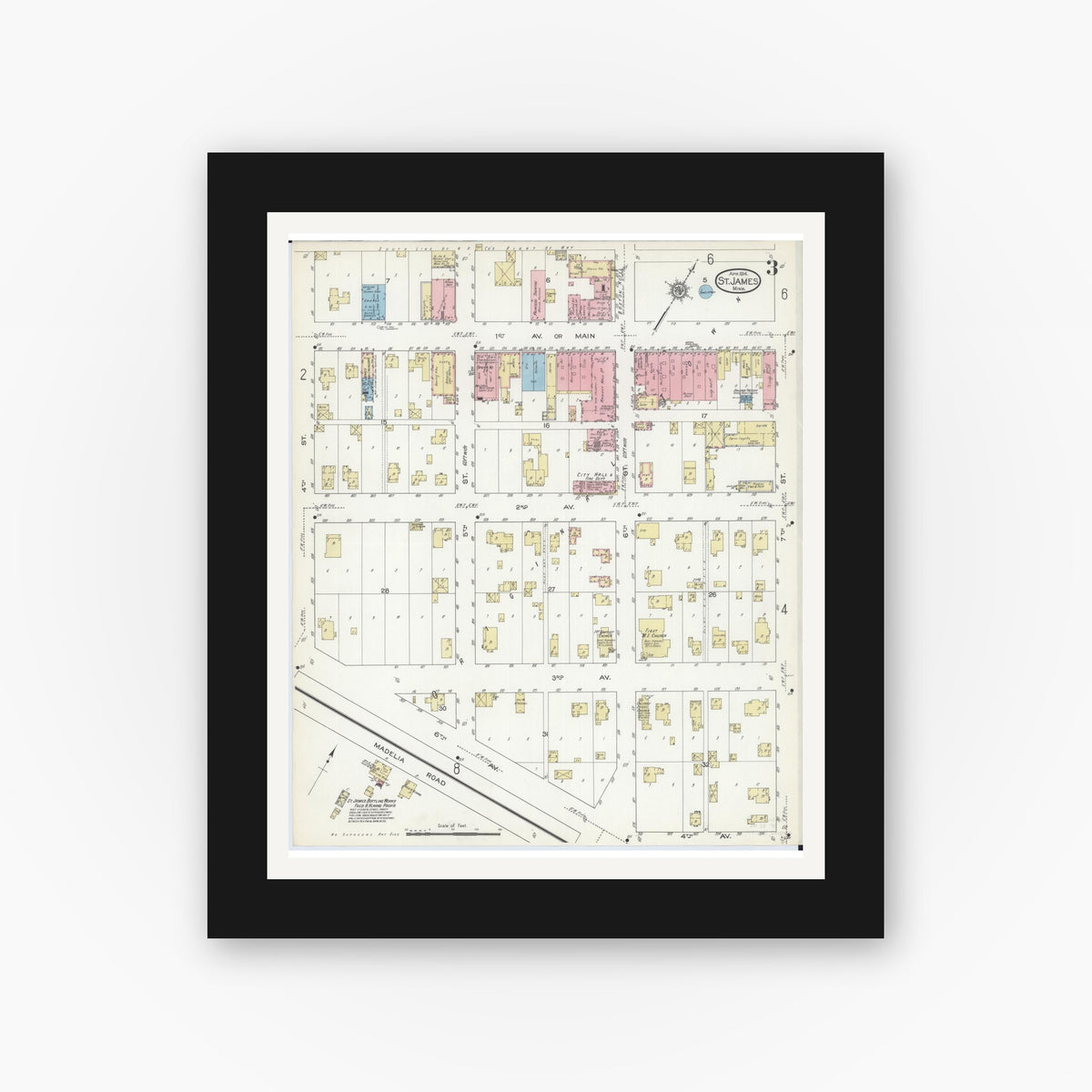 Old map wall art mockup — black gallery frame with white mat — Sanborn Fire Insurance Map from Saint James, Watonwan County, Minnesota (1914), Sheet #0003