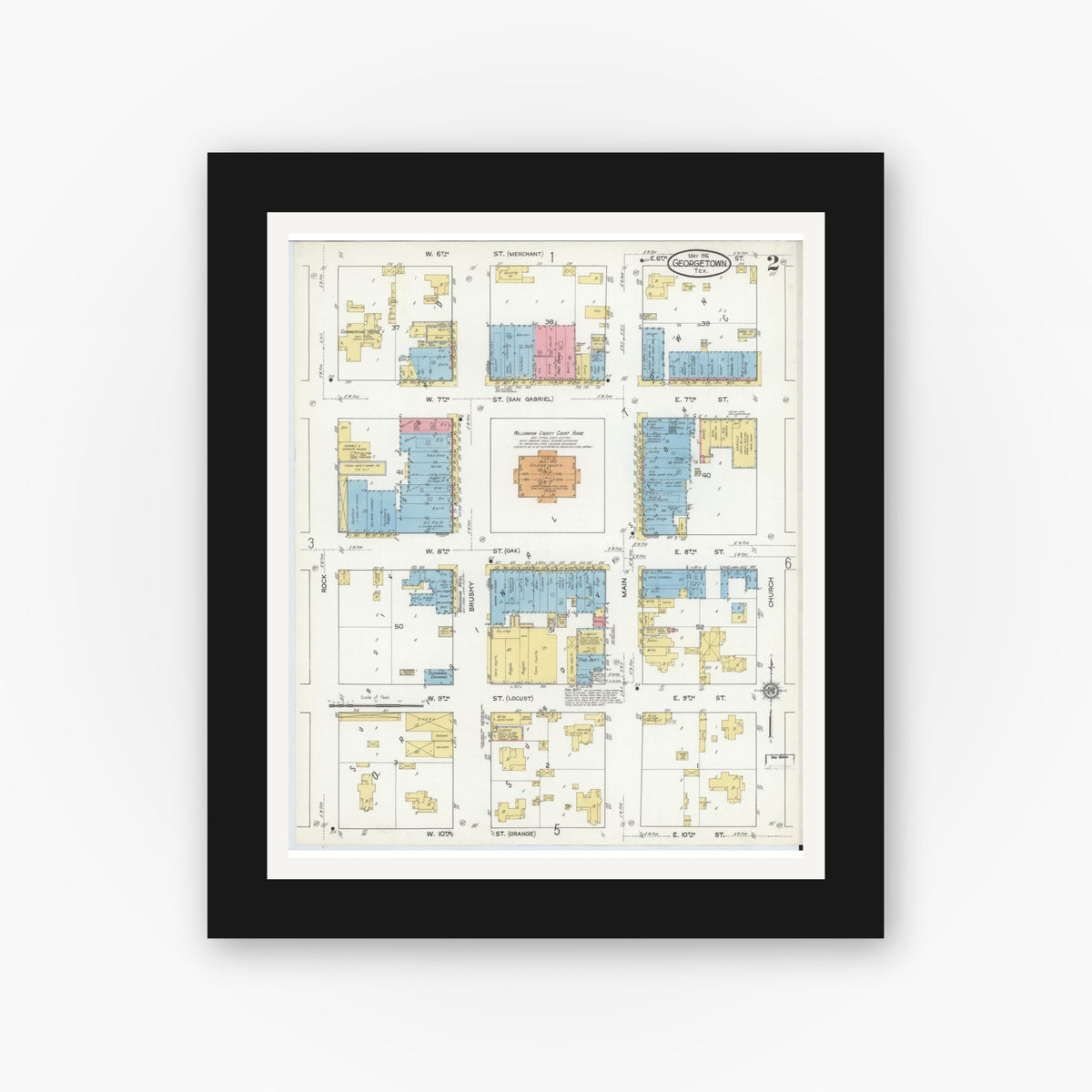 Old map wall art mockup — black gallery frame with white mat — Sanborn Fire Insurance Map from Georgetown, Williamson County, Texas (1916), Sheet #0002