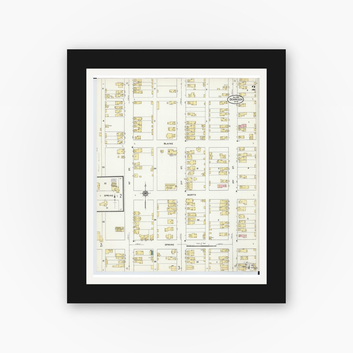 Old map wall art mockup — black gallery frame with white mat — Sanborn Fire Insurance Map from Dennison, Tuscarawas County, Ohio (1909), Sheet #0002