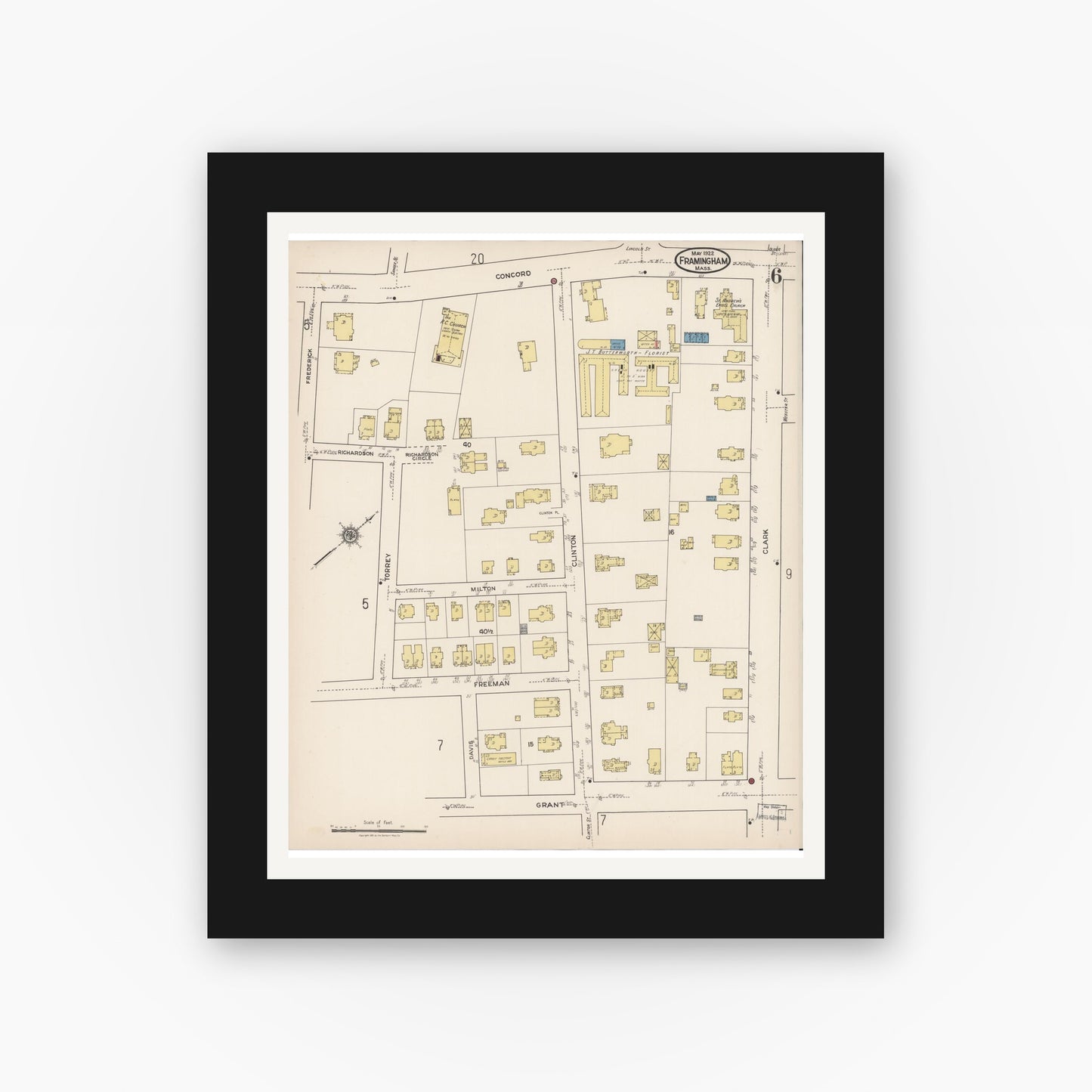 Old map wall art mockup — black gallery frame with white mat — Sanborn Fire Insurance Map from Framingham, Middlesex County, Massachusetts (1922), Sheet #0006