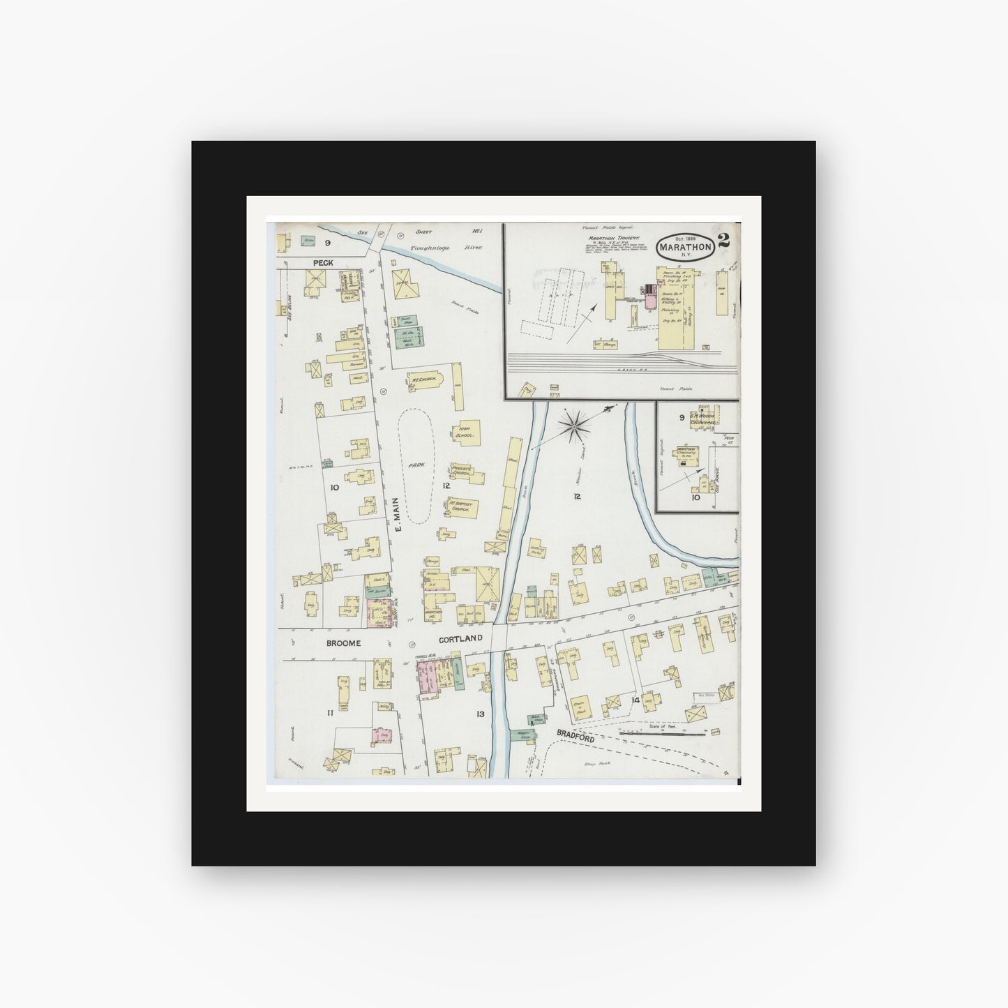 Old map wall art mockup — black gallery frame with white mat — Sanborn Fire Insurance Map from Marathon, Cortland County, New York (1888), Sheet #0002
