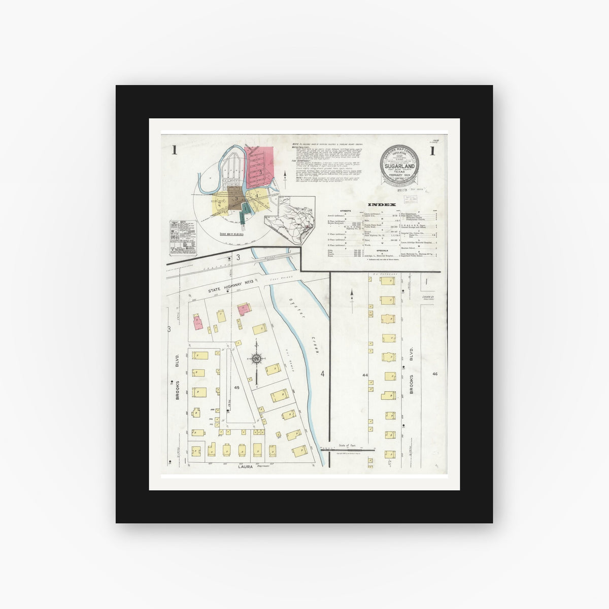 Old map wall art mockup — black gallery frame with white mat — Sanborn Fire Insurance Map from Sugarland, Fort Bend County, Texas (1926), Sheet #0001