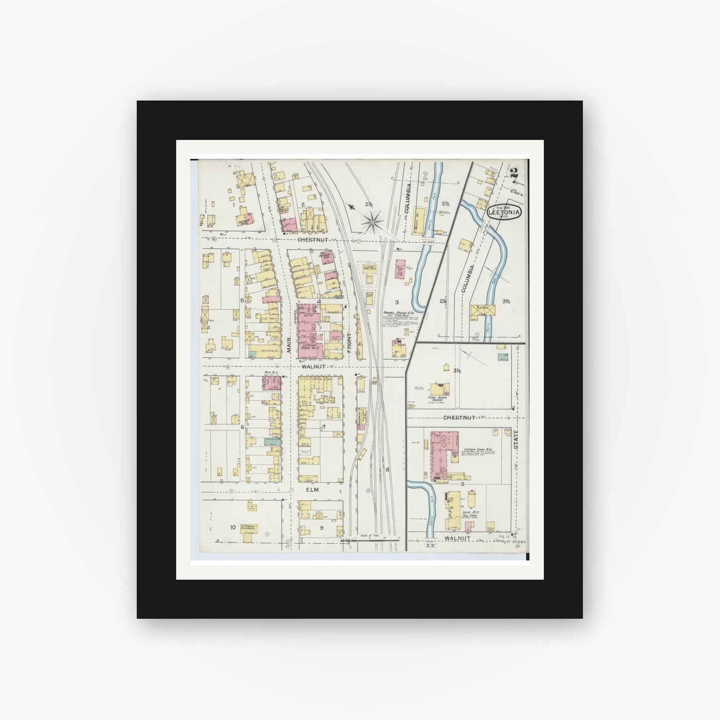 Old map wall art mockup — black gallery frame with white mat — Sanborn Fire Insurance Map from Leetonia, Columbiana County, Ohio (1893), Sheet #0002