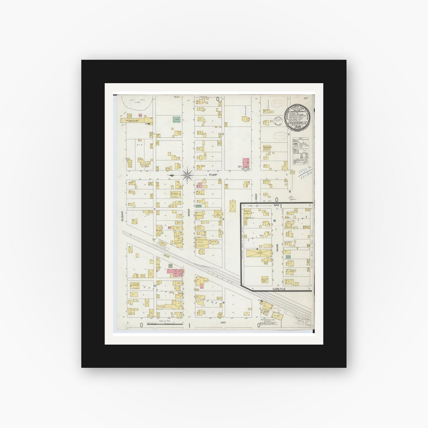 Old map wall art mockup — black gallery frame with white mat — Sanborn Fire Insurance Map from Cridersville, Auglaize County, Ohio (1899), Sheet #0001