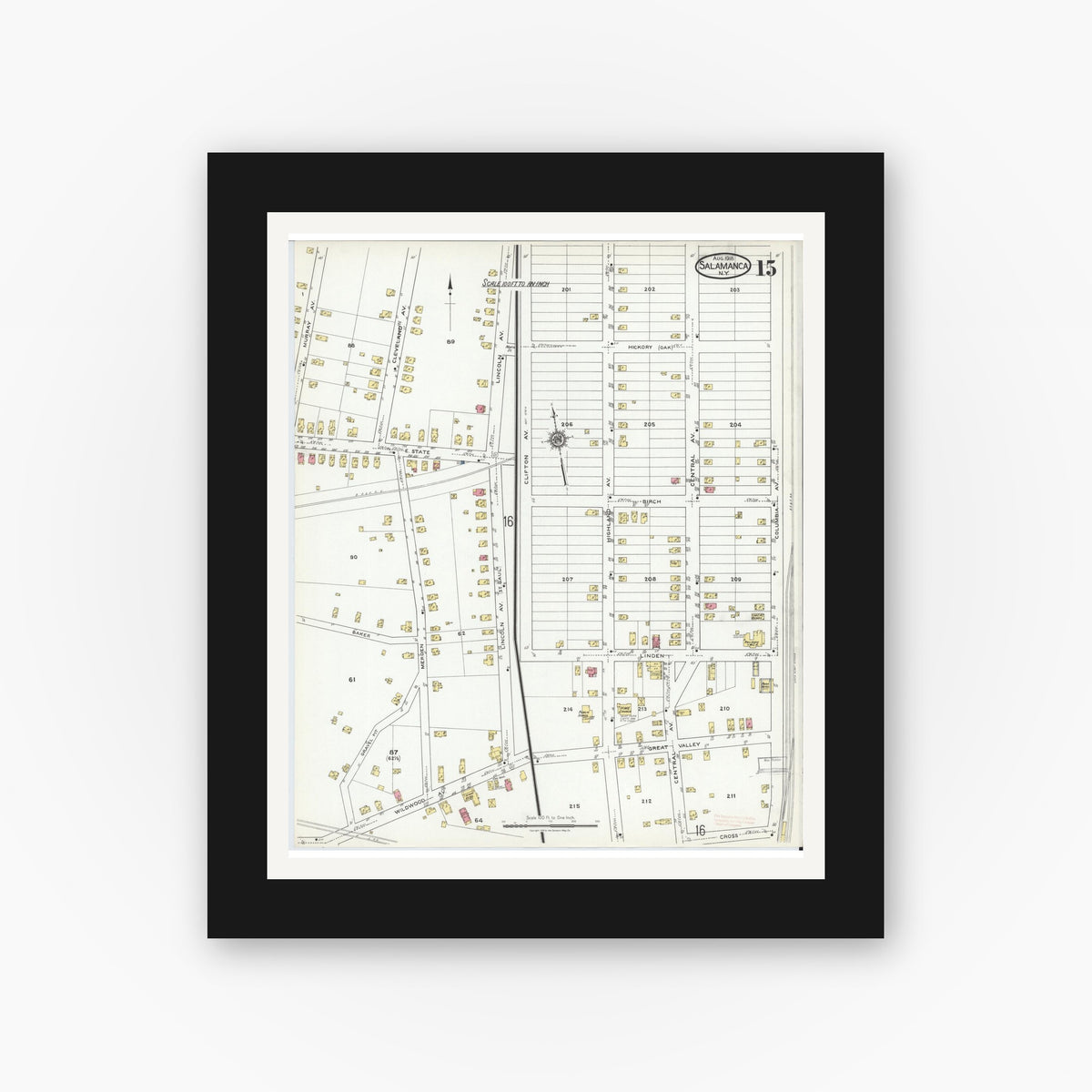 Old map wall art mockup — black gallery frame with white mat — Sanborn Fire Insurance Map from Salamanca, Cattaraugus County, New York (1918), Sheet #0015
