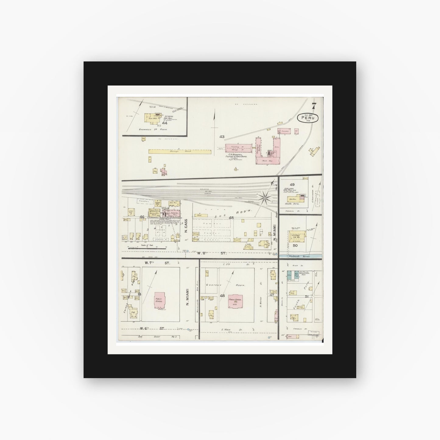 Old map wall art mockup — black gallery frame with white mat — Sanborn Fire Insurance Map from Peru, Miami County, Indiana (1887), Sheet #0007