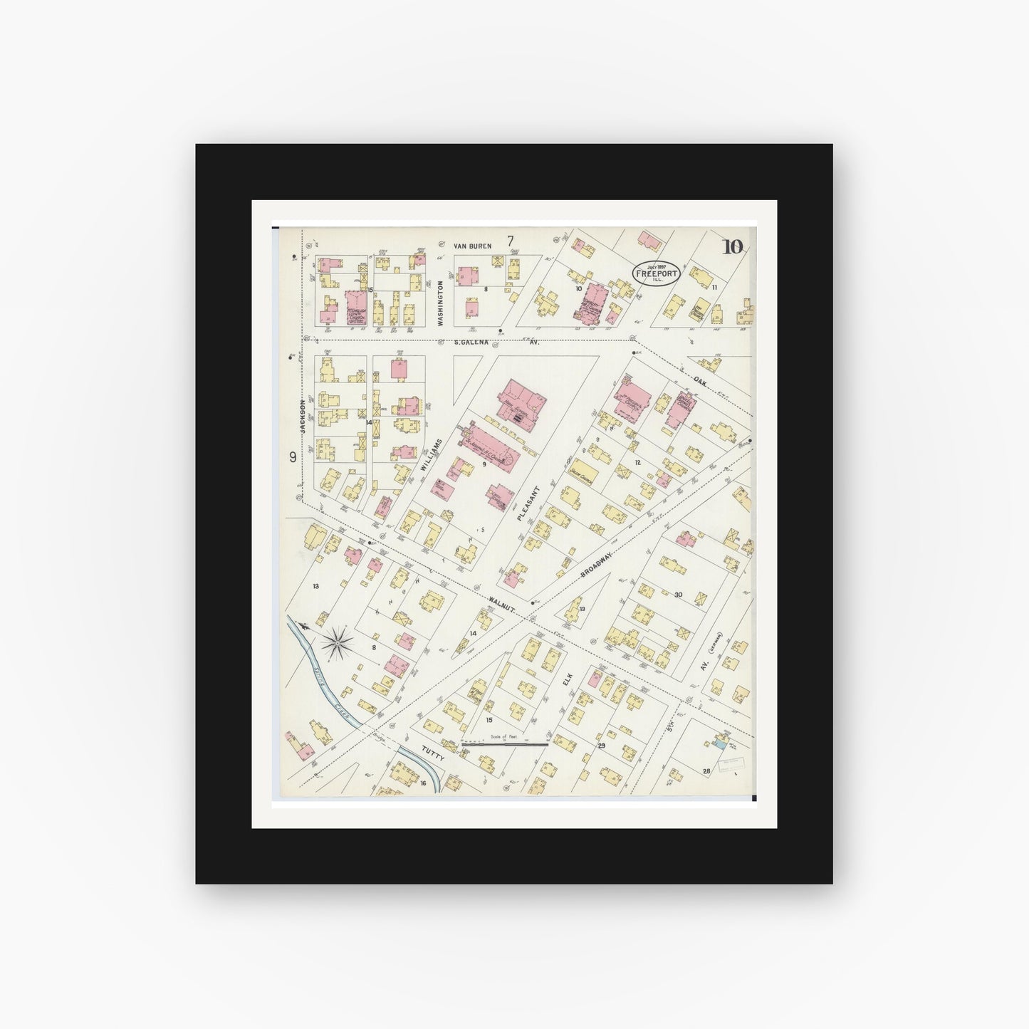 Old map wall art mockup — black gallery frame with white mat — Sanborn Fire Insurance Map from Freeport, Stephenson County, Illinois (1897), Sheet #0010