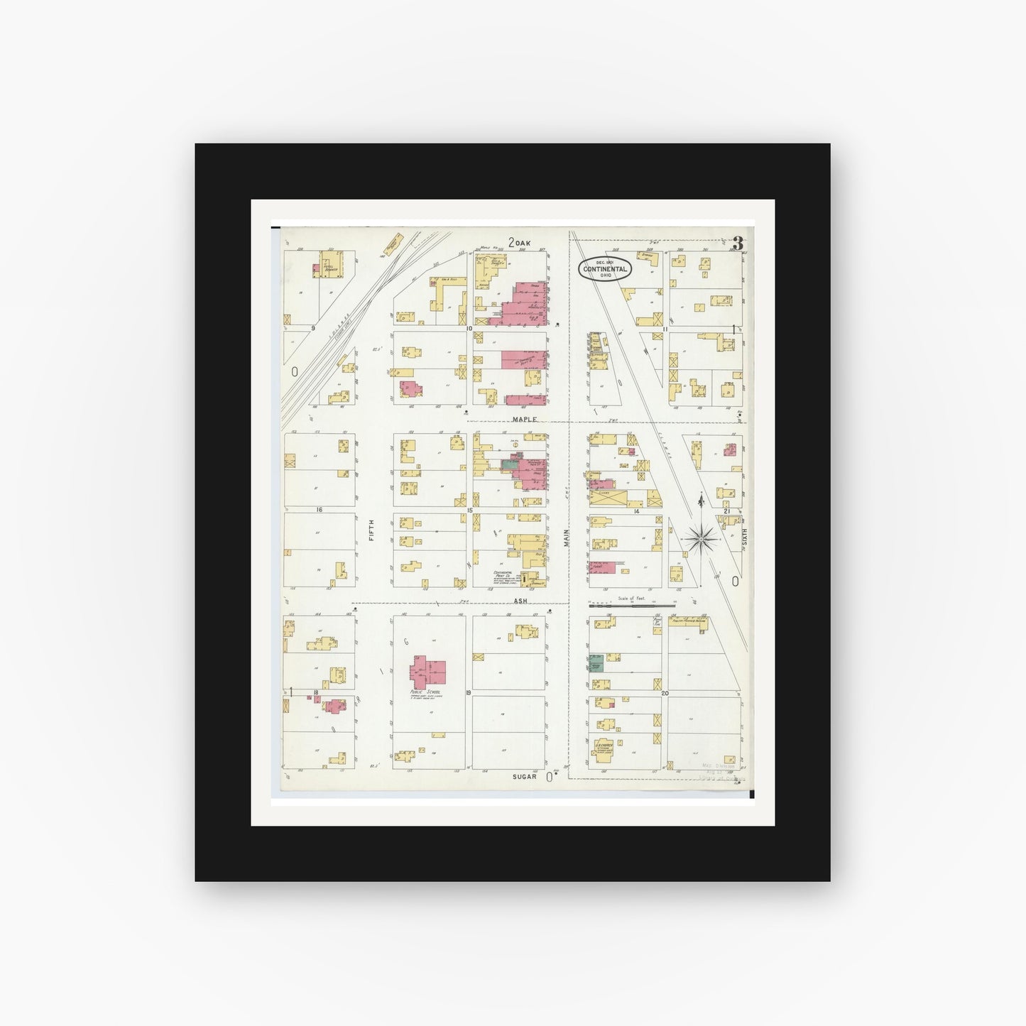 Old map wall art mockup — black gallery frame with white mat — Sanborn Fire Insurance Map from Continental, Putnam County, Ohio (1901), Sheet #0003