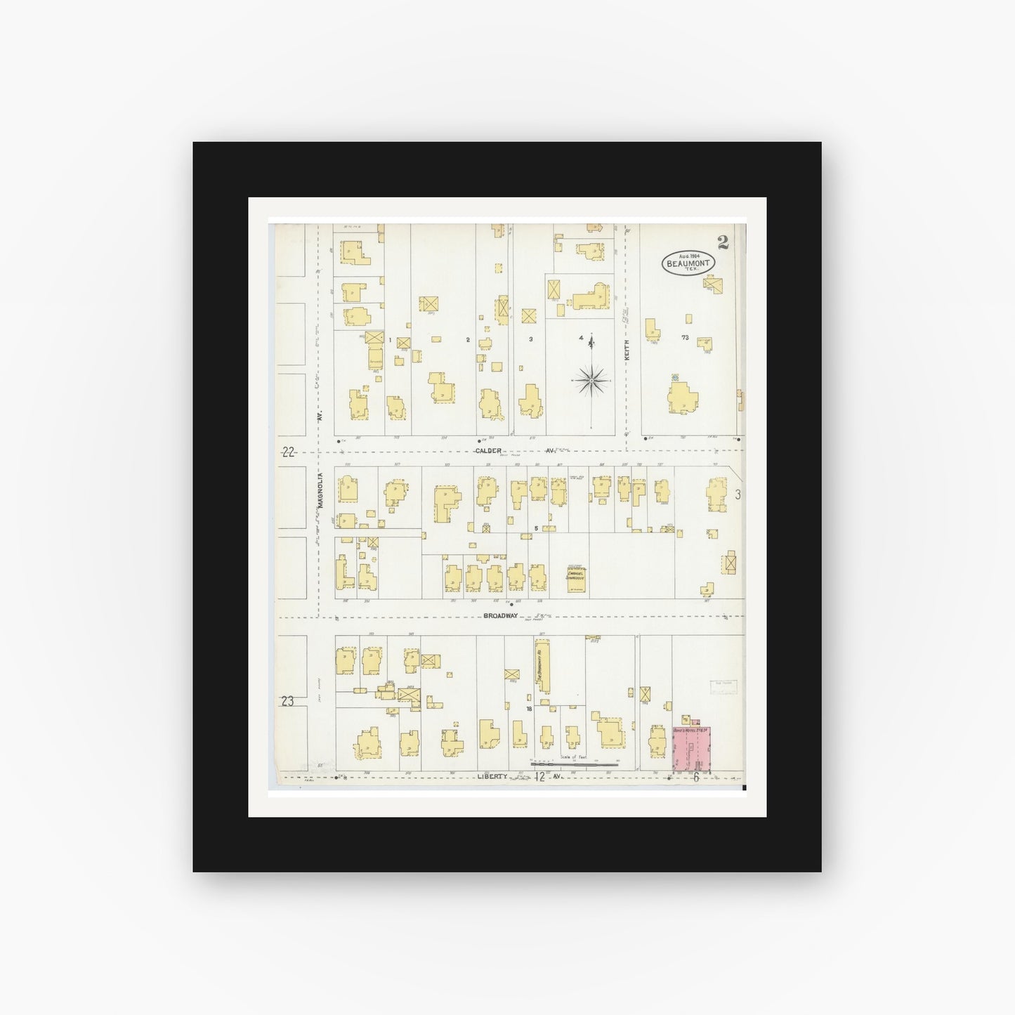 Old map wall art mockup — black gallery frame with white mat — Sanborn Fire Insurance Map from Beaumont, Jefferson County, Texas (1904), Sheet #0002