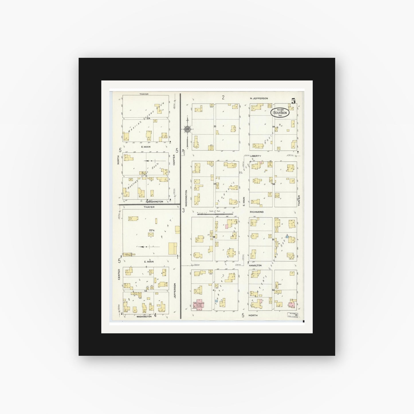 Old map wall art mockup — black gallery frame with white mat — Sanborn Fire Insurance Map from Bourbon, Marshall County, Indiana (1910), Sheet #0005