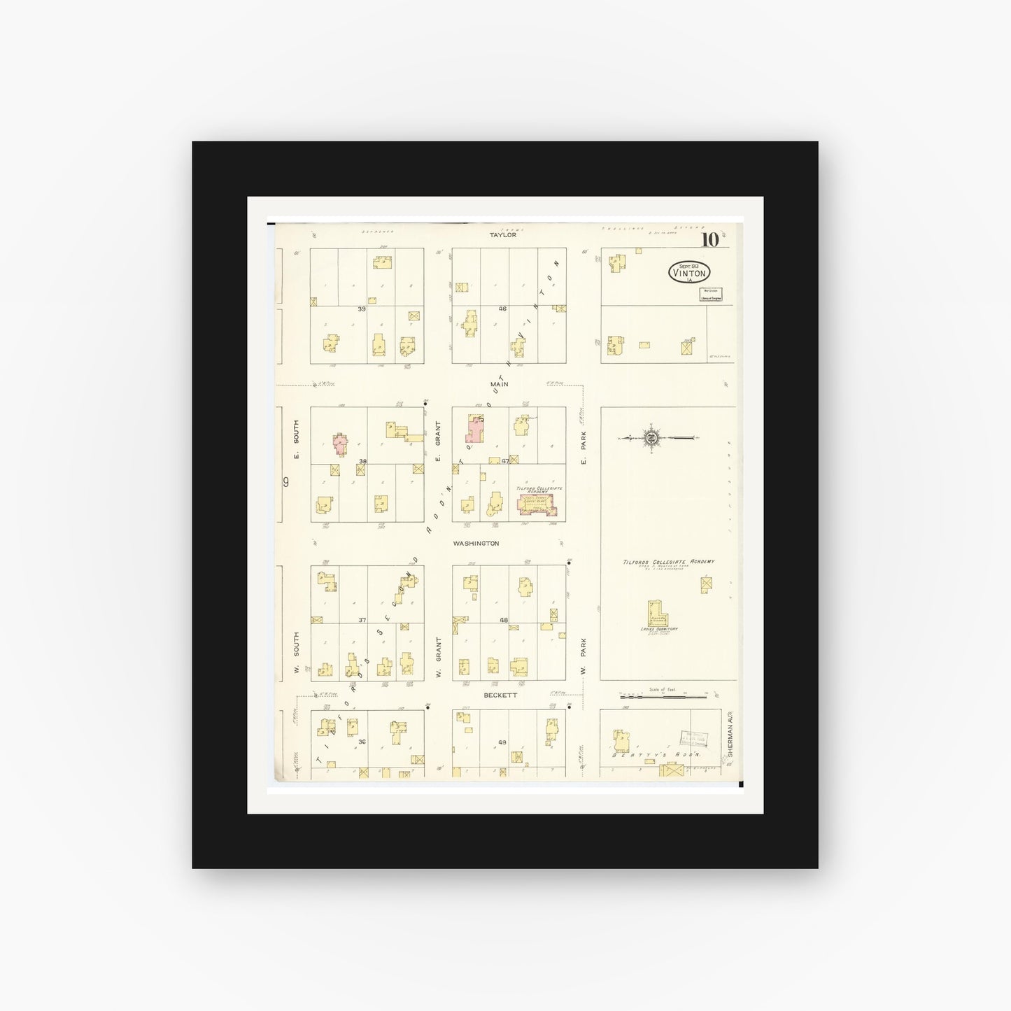 Old map wall art mockup — black gallery frame with white mat — Sanborn Fire Insurance Map from Vinton, Benton County, Iowa (1913), Sheet #0010
