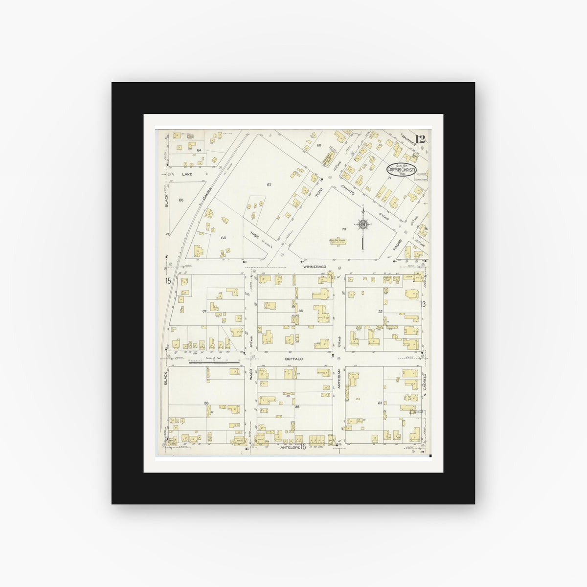 Old map wall art mockup — black gallery frame with white mat — Sanborn Fire Insurance Map from Corpus Christi, Nueces County, Texas (1914), Sheet #0012