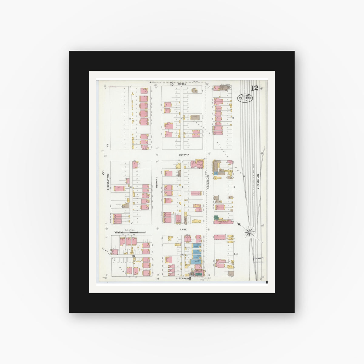 Old map wall art mockup — black gallery frame with white mat — Sanborn Fire Insurance Map from El Paso, El Paso County, Texas (1905), Sheet #0012
