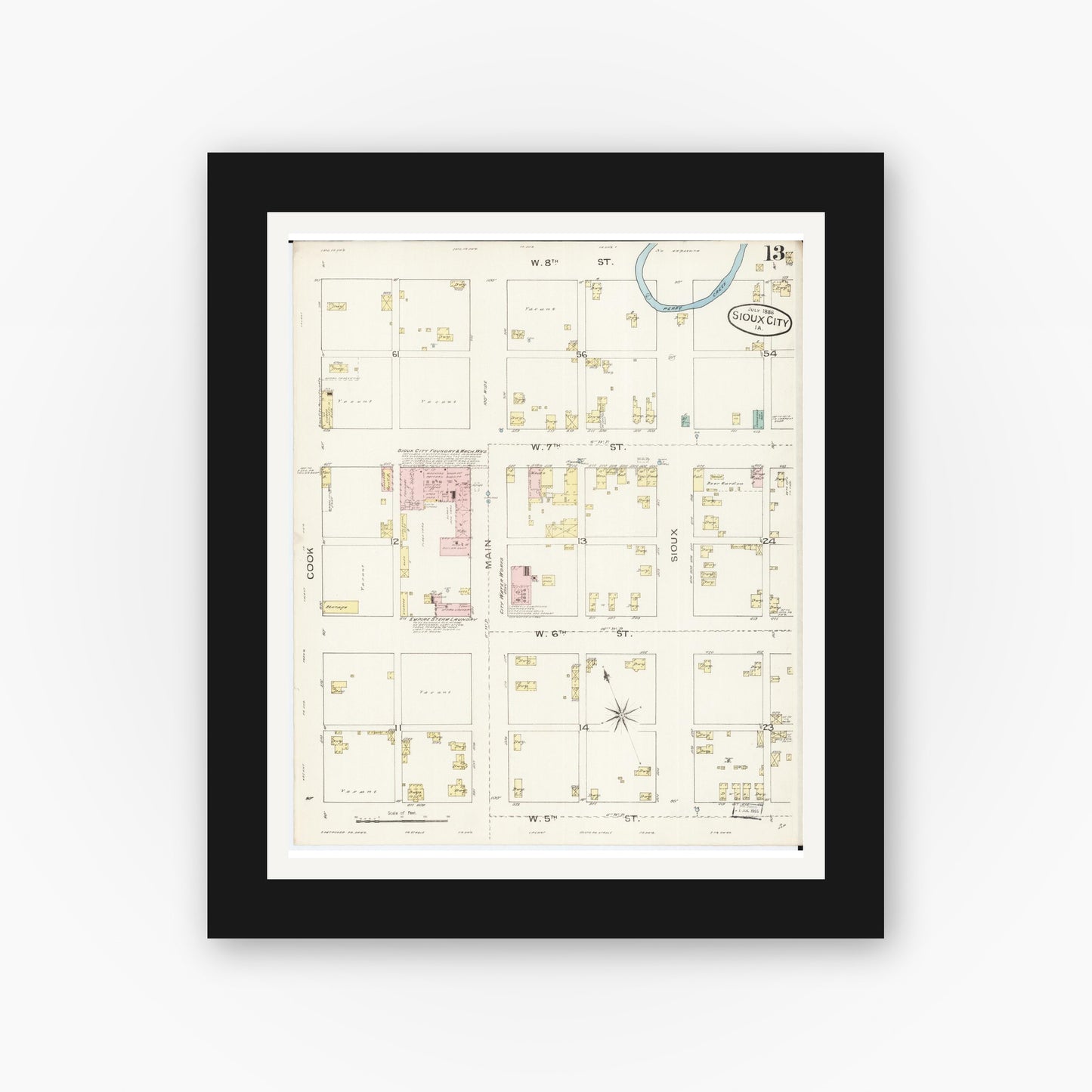 Old map wall art mockup β black gallery frame with white mat β Sanborn Fire Insurance Map from Sioux City, Woodbury County, Iowa (1886), Sheet #0013