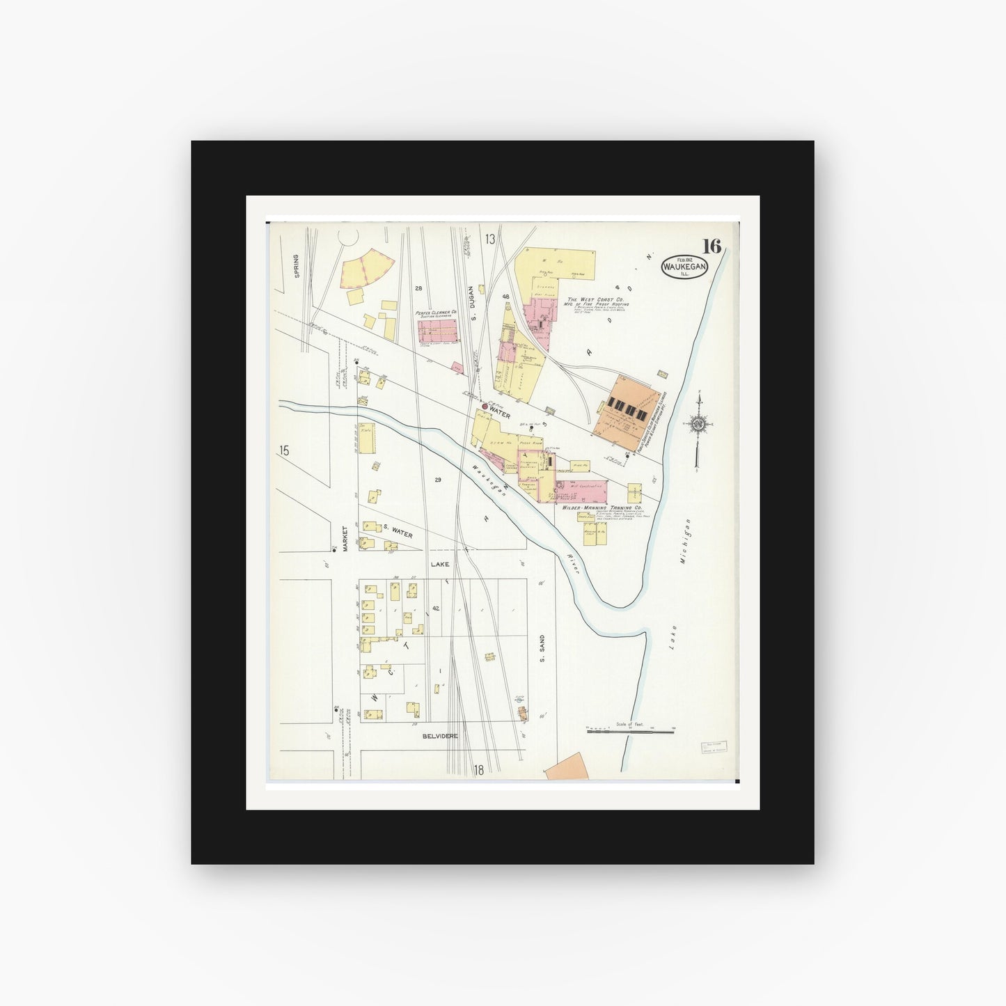 Old map wall art mockup — black gallery frame with white mat — Sanborn Fire Insurance Map from Waukegan, Lake County, Illinois (1912), Sheet #0016