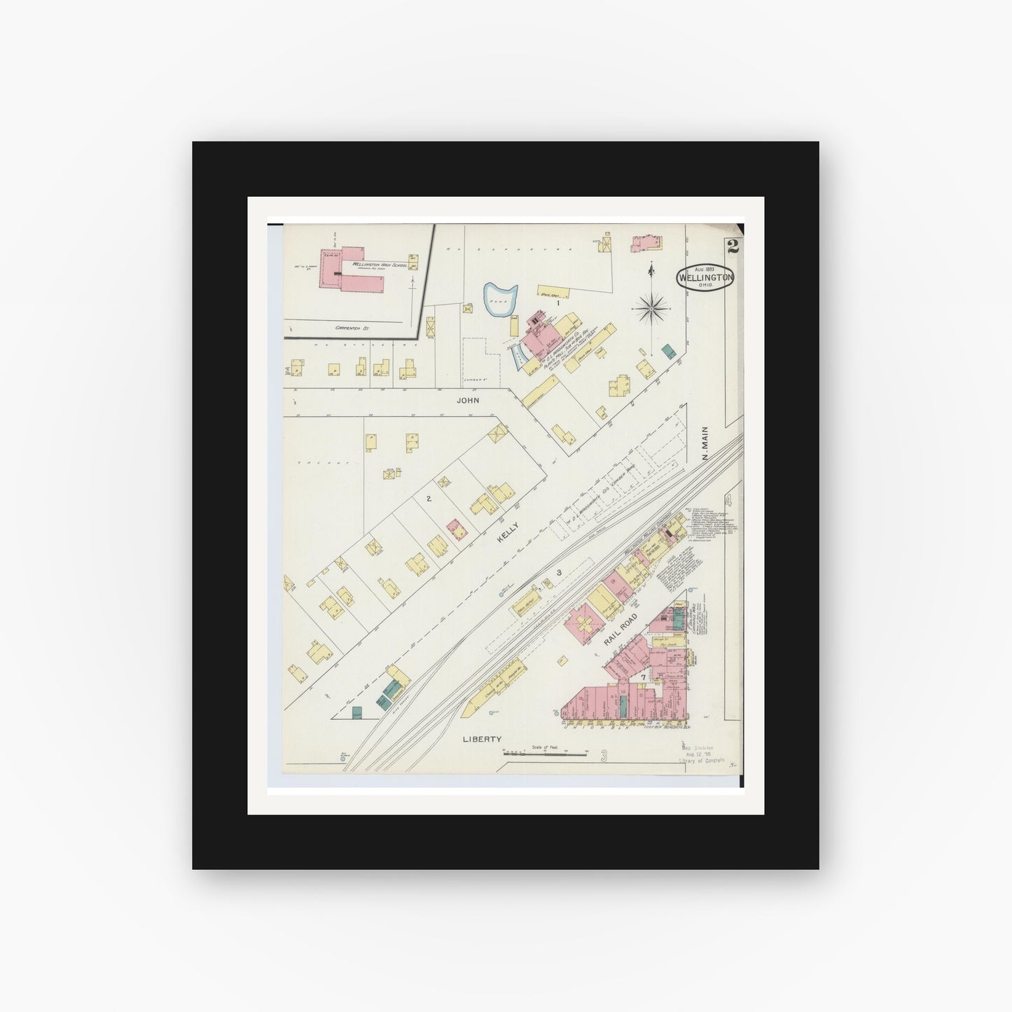 Old map wall art mockup — black gallery frame with white mat — Sanborn Fire Insurance Map from Wellington, Lorain County, Ohio (1893), Sheet #0002