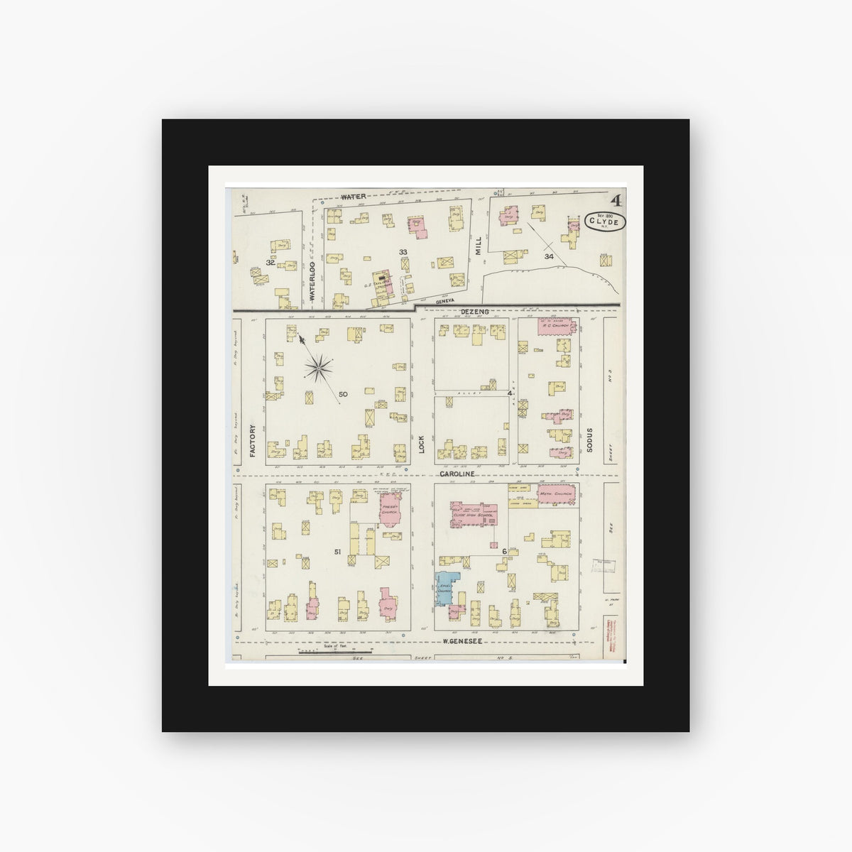 Old map wall art mockup — black gallery frame with white mat — Sanborn Fire Insurance Map from Clyde, Wayne County, New York (1890), Sheet #0004