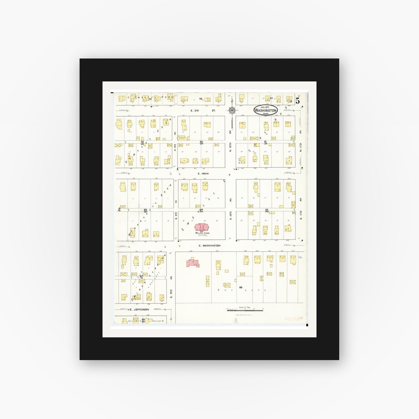 Old map wall art mockup — black gallery frame with white mat — Sanborn Fire Insurance Map from Washington, Washington County, Iowa (1917), Sheet #0005