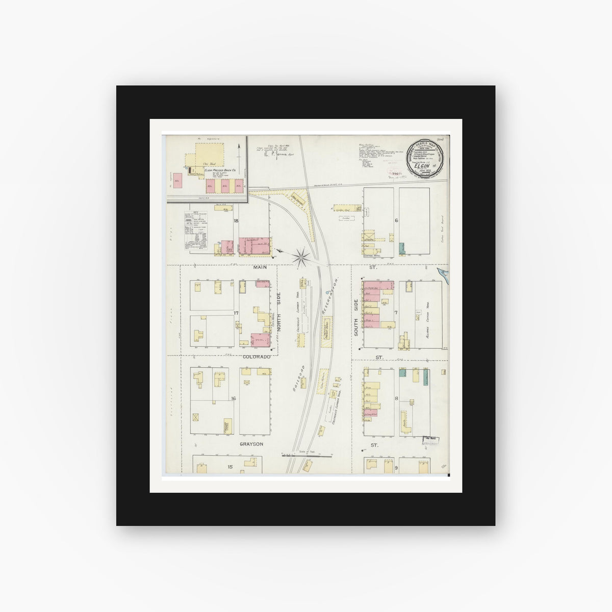 Old map wall art mockup — black gallery frame with white mat — Sanborn Fire Insurance Map from Elgin, Bastrop County, Texas (1893), Sheet #0001