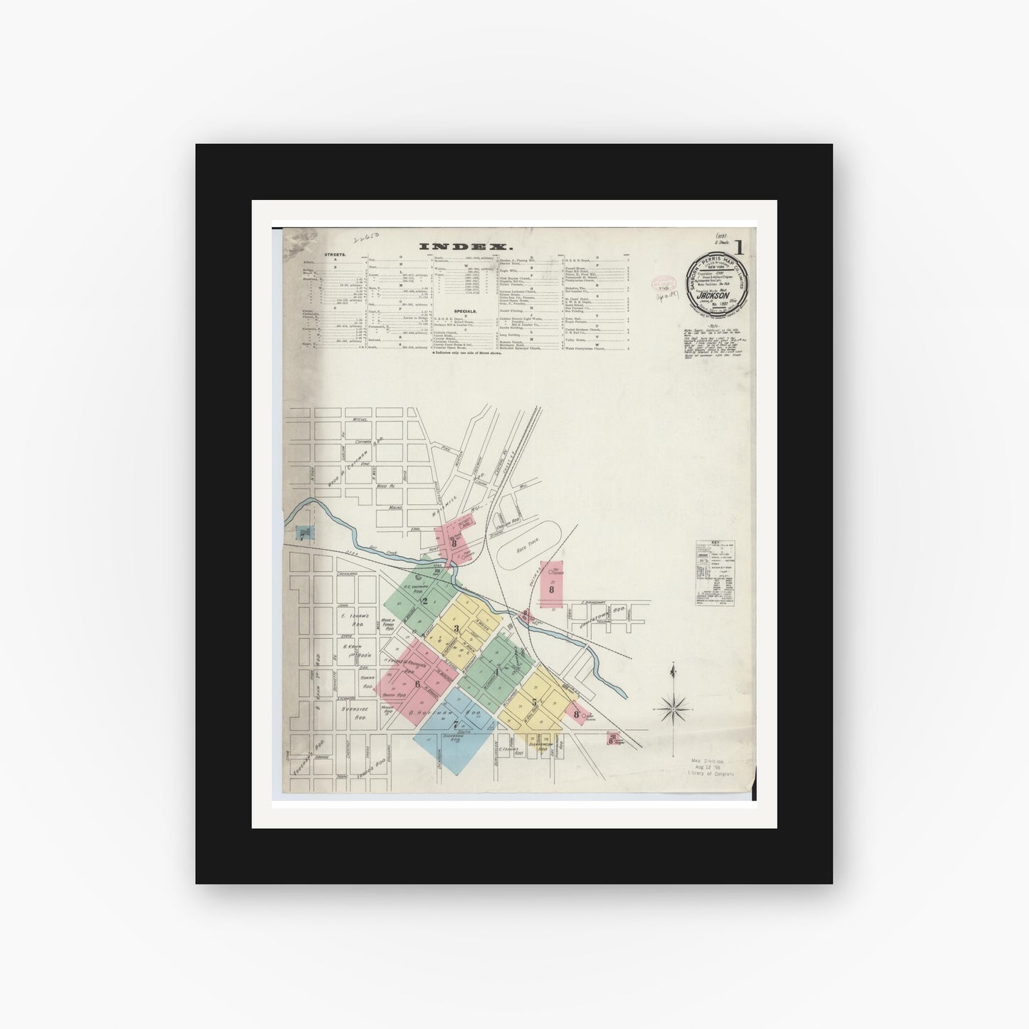 Old map wall art mockup — black gallery frame with white mat — Sanborn Fire Insurance Map from Jackson, Jackson County, Ohio (1897), Sheet #0001