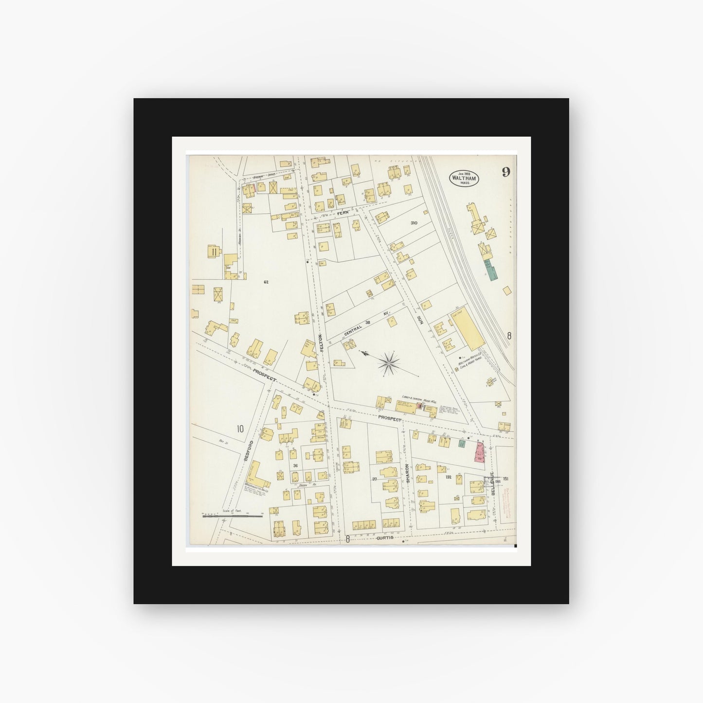 Old map wall art mockup — black gallery frame with white mat — Sanborn Fire Insurance Map from Waltham, Middlesex County, Massachusetts (1903), Sheet #0009