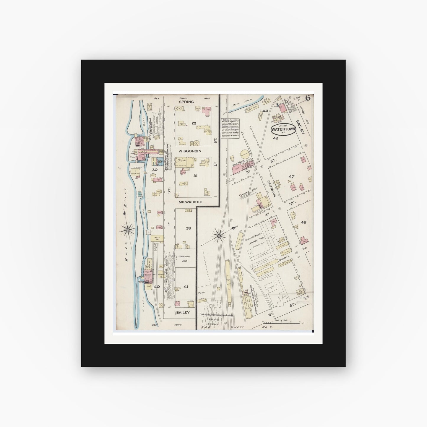 Old map wall art mockup — black gallery frame with white mat — Sanborn Fire Insurance Map from Watertown, Jefferson County, Wisconsin (1884), Sheet #0006