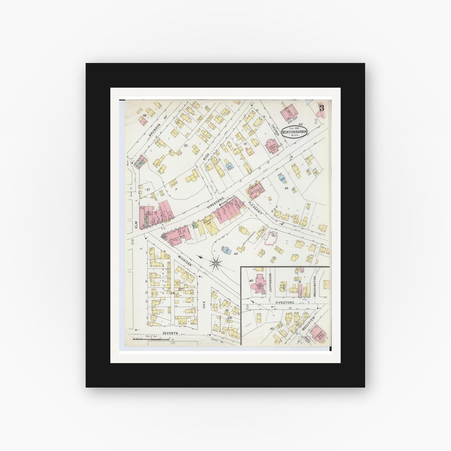 Old map wall art mockup — black gallery frame with white mat — Sanborn Fire Insurance Map from Benton Harbor, Berrien County, Michigan (1895), Sheet #0003
