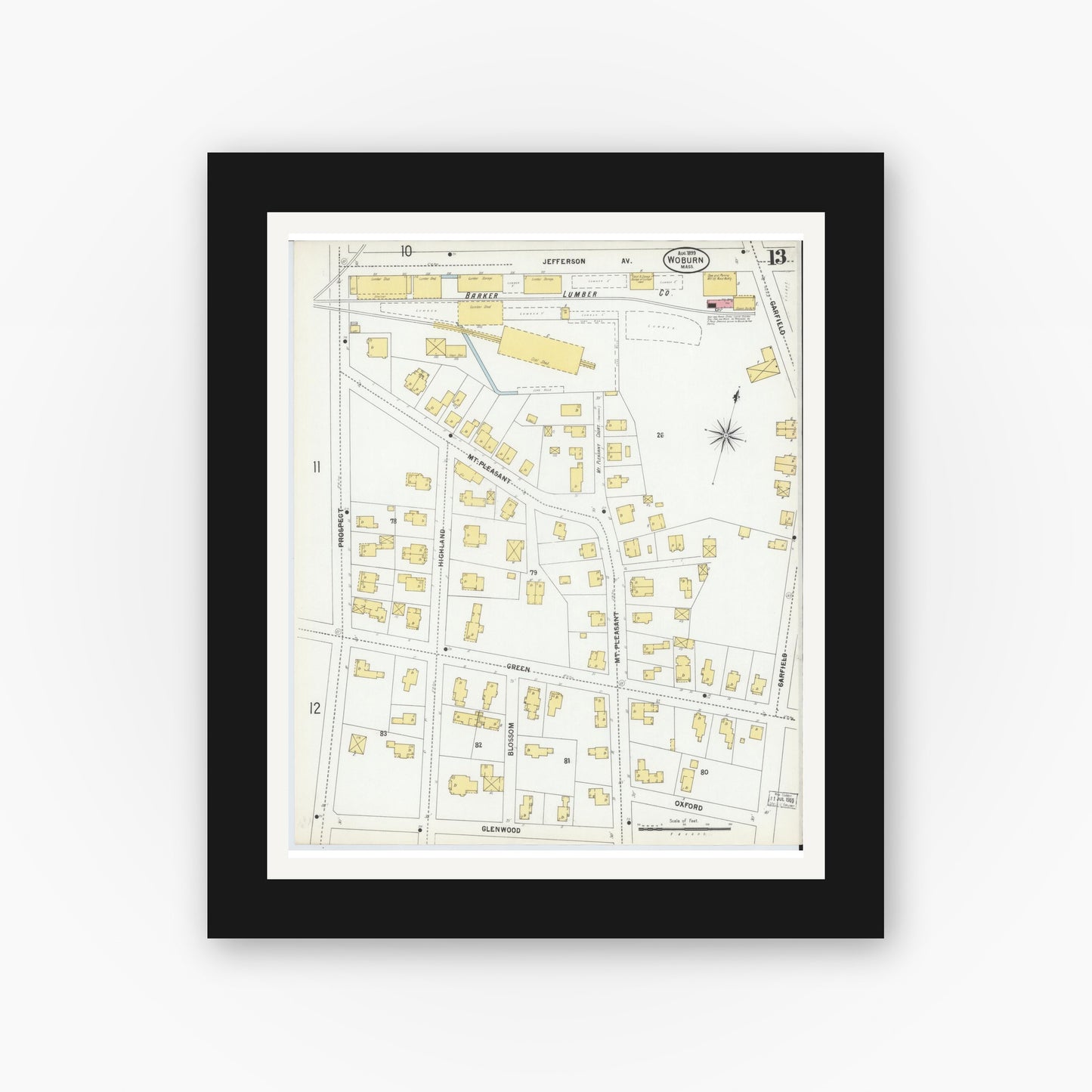 Old map wall art mockup — black gallery frame with white mat — Sanborn Fire Insurance Map from Woburn, Middlesex County, Massachusetts (1899), Sheet #0013