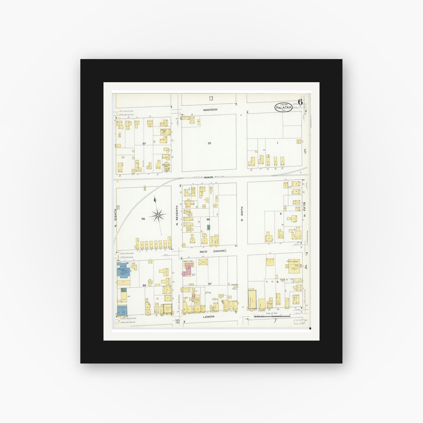Old map wall art mockup — black gallery frame with white mat — Sanborn Fire Insurance Map from Palatka, Putnam County, Florida (1909), Sheet #0006
