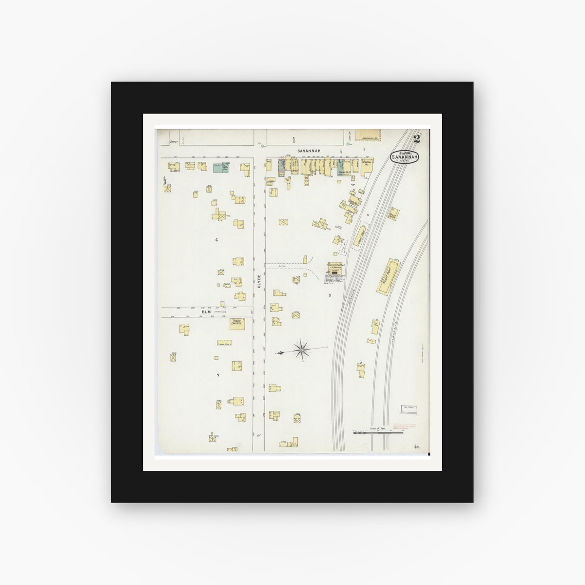 Old map wall art mockup — black gallery frame with white mat — Sanborn Fire Insurance Map from Savannah, Wayne County, New York (1896), Sheet #0002