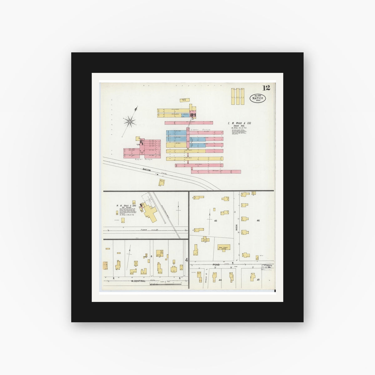 Old map wall art mockup — black gallery frame with white mat — Sanborn Fire Insurance Map from Natick, Middlesex County, Massachusetts (1899), Sheet #0012