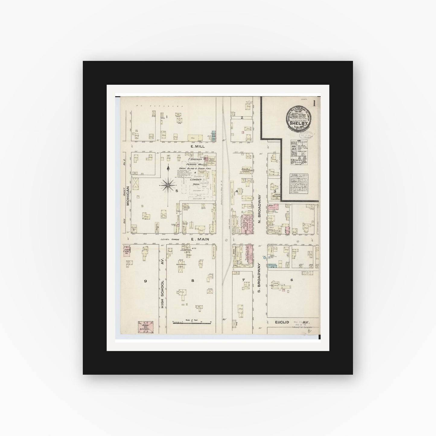 Old map wall art mockup — black gallery frame with white mat — Sanborn Fire Insurance Map from Shelby, Ricland County, Ohio (1884), Sheet #0001