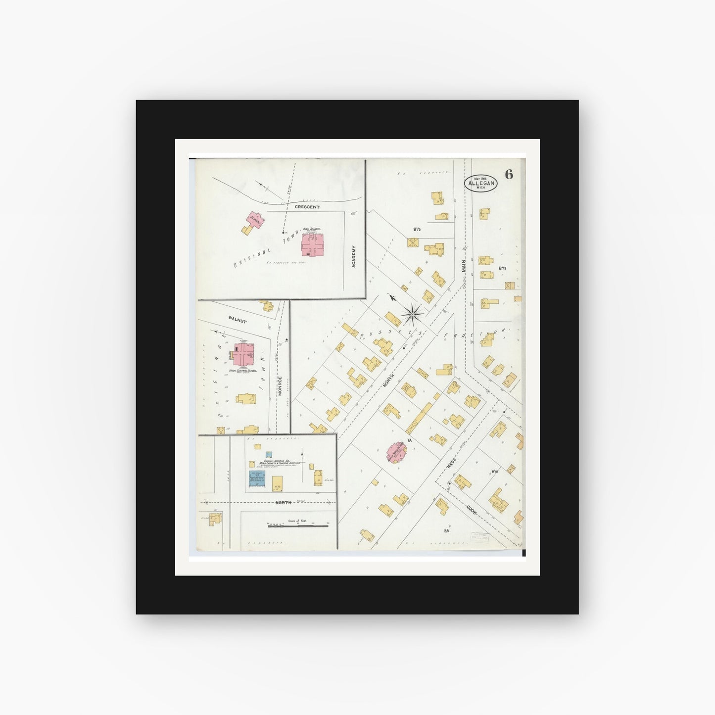 Old map wall art mockup — black gallery frame with white mat — Sanborn Fire Insurance Map from Allegan, Allegan County, Michigan (1906), Sheet #0006