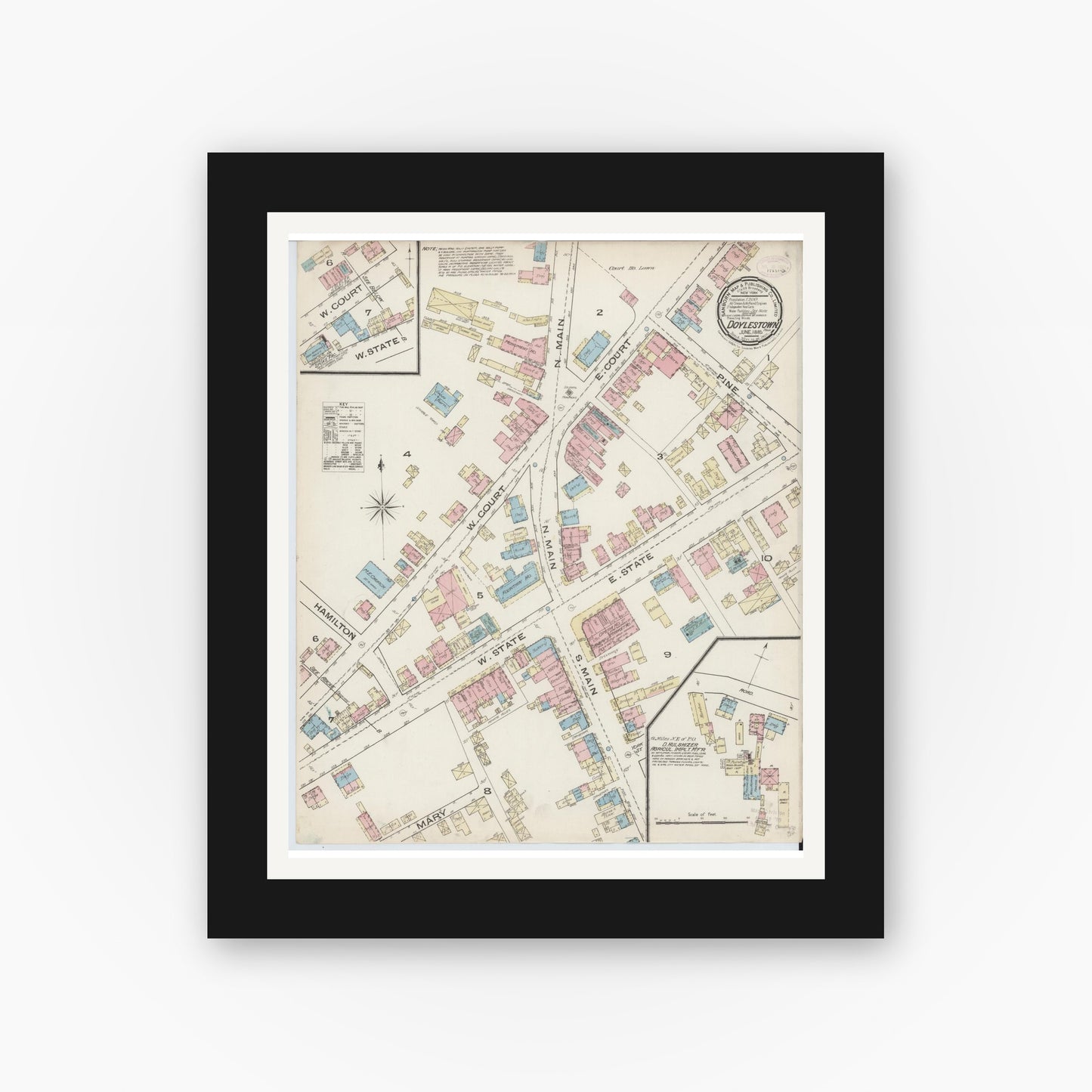 Old map wall art mockup — black gallery frame with white mat — Sanborn Fire Insurance Map from Doylestown, Bucks County, Pennsylvania (1885), Sheet #0001
