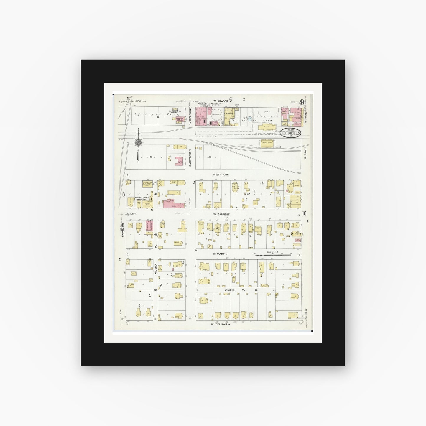 Old map wall art mockup — black gallery frame with white mat — Sanborn Fire Insurance Map from Litchfield, Montgomery County, Illinois (1910), Sheet #0009