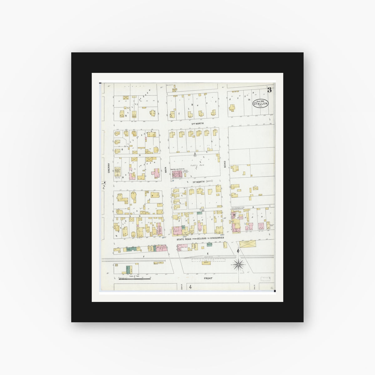 Old map wall art mockup — black gallery frame with white mat — Sanborn Fire Insurance Map from O'Fallon, Saint Clair County, Illinois (1906), Sheet #0003