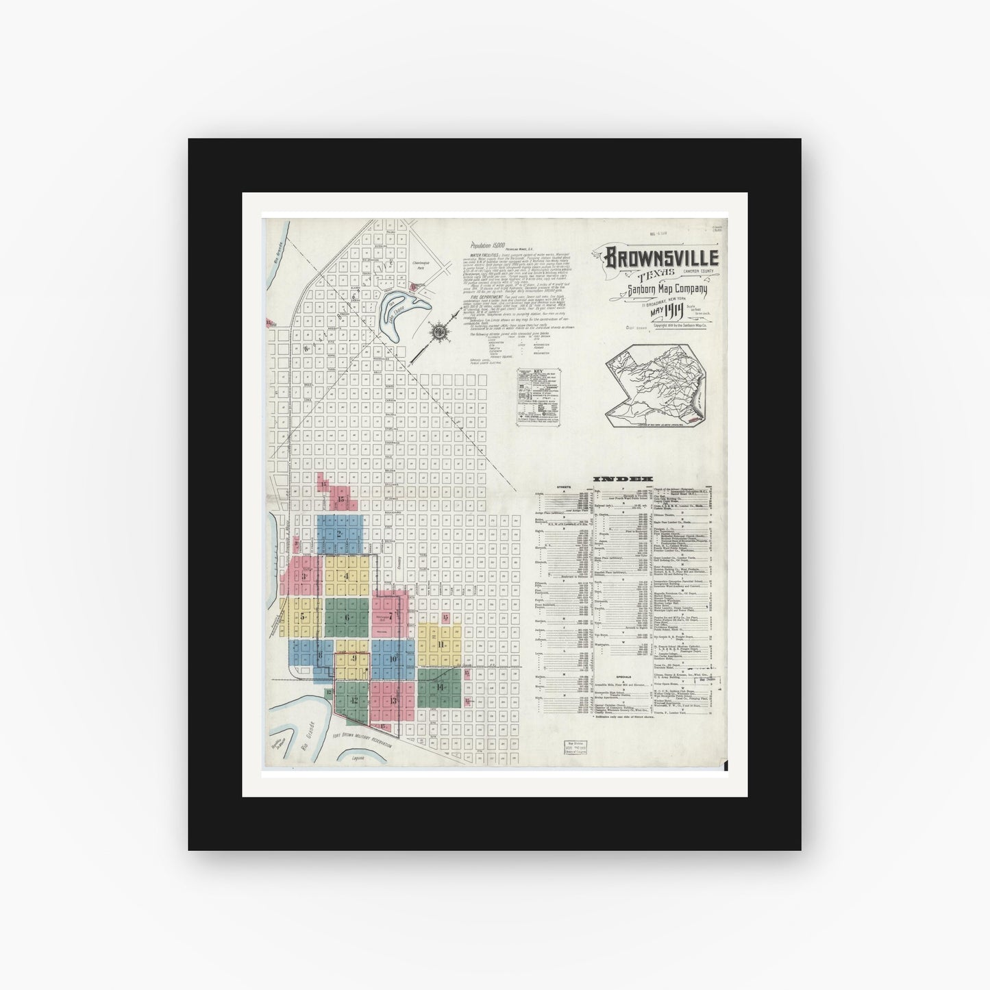 Old map wall art mockup — black gallery frame with white mat — Sanborn Fire Insurance Map from Brownsville, Cameron County, Texas (1919), Sheet #0001