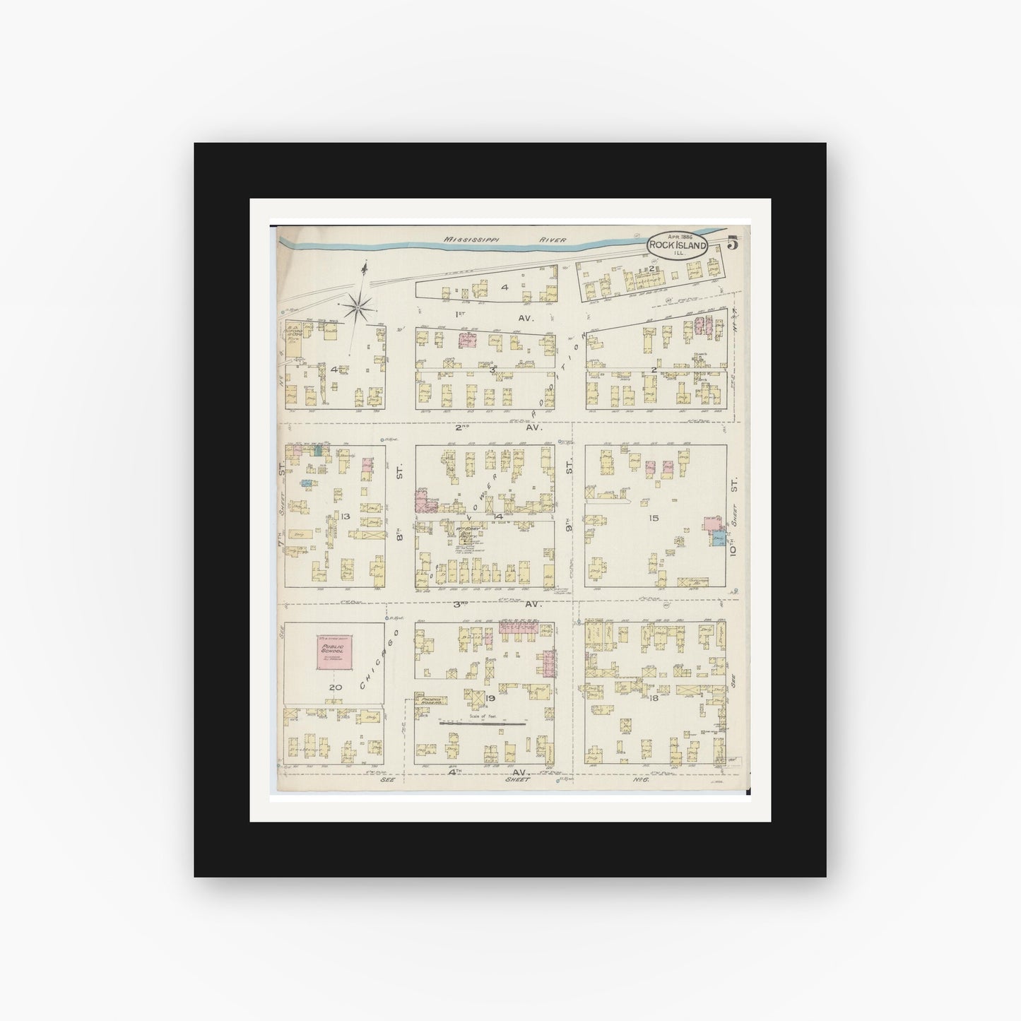 Old map wall art mockup — black gallery frame with white mat — Sanborn Fire Insurance Map from Rock Island, Rock Island County, Illinois (1886), Sheet #0005